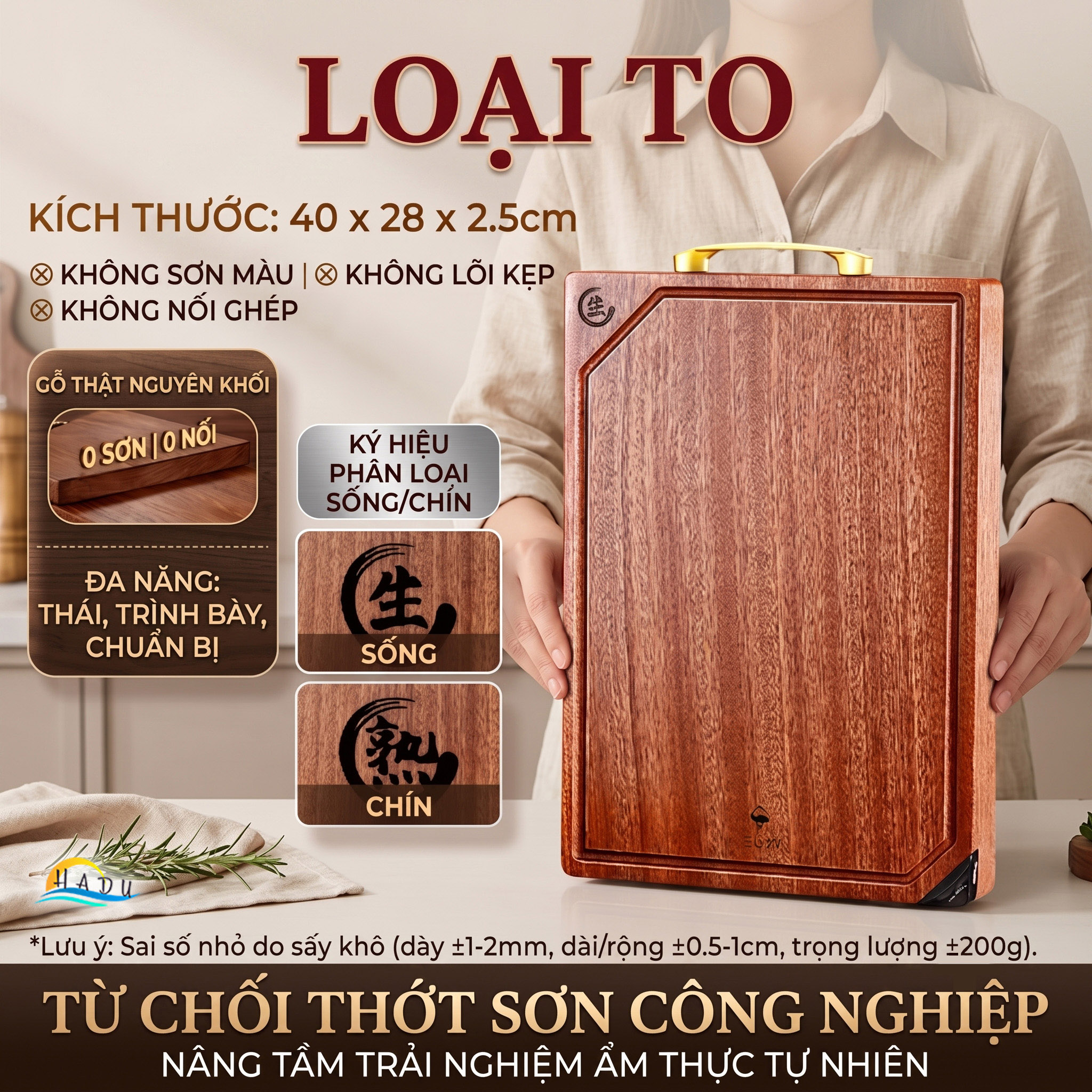 Thớt Gỗ Mun Cao Cấp Nguyên Khối Không Sơn Ghép Phân Biệt Sống Chín Đạt Chất Lượng LFGB Đức SSGP