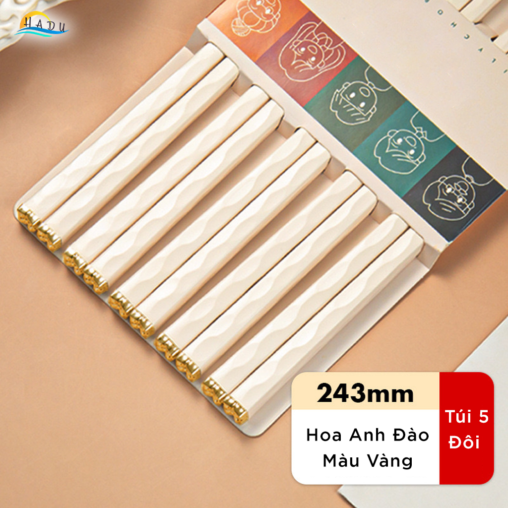 Bộ 5 Đôi Đũa Sợi Thủy Tinh HADU Họa Tiết Hoa Anh Đào, Chống Trơn, Chống Mốc, 24.3cm, Màu Trắng