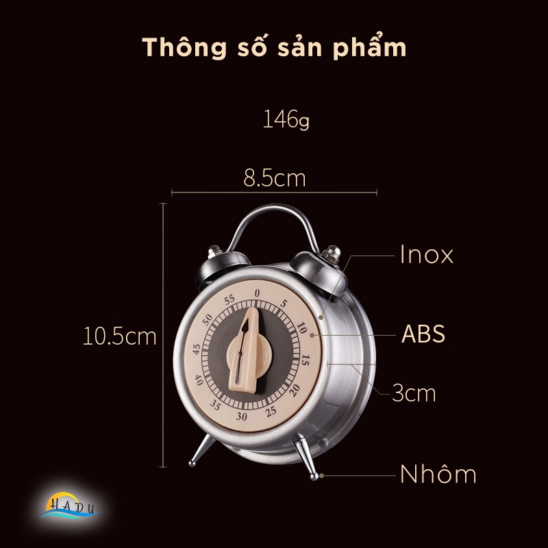 Đồng hồ hẹn giờ nấu ăn inox 304 cao cấp chuông lớn vặn nhanh thời gian chính xác không tốn pin kháng khuẩn SSGP