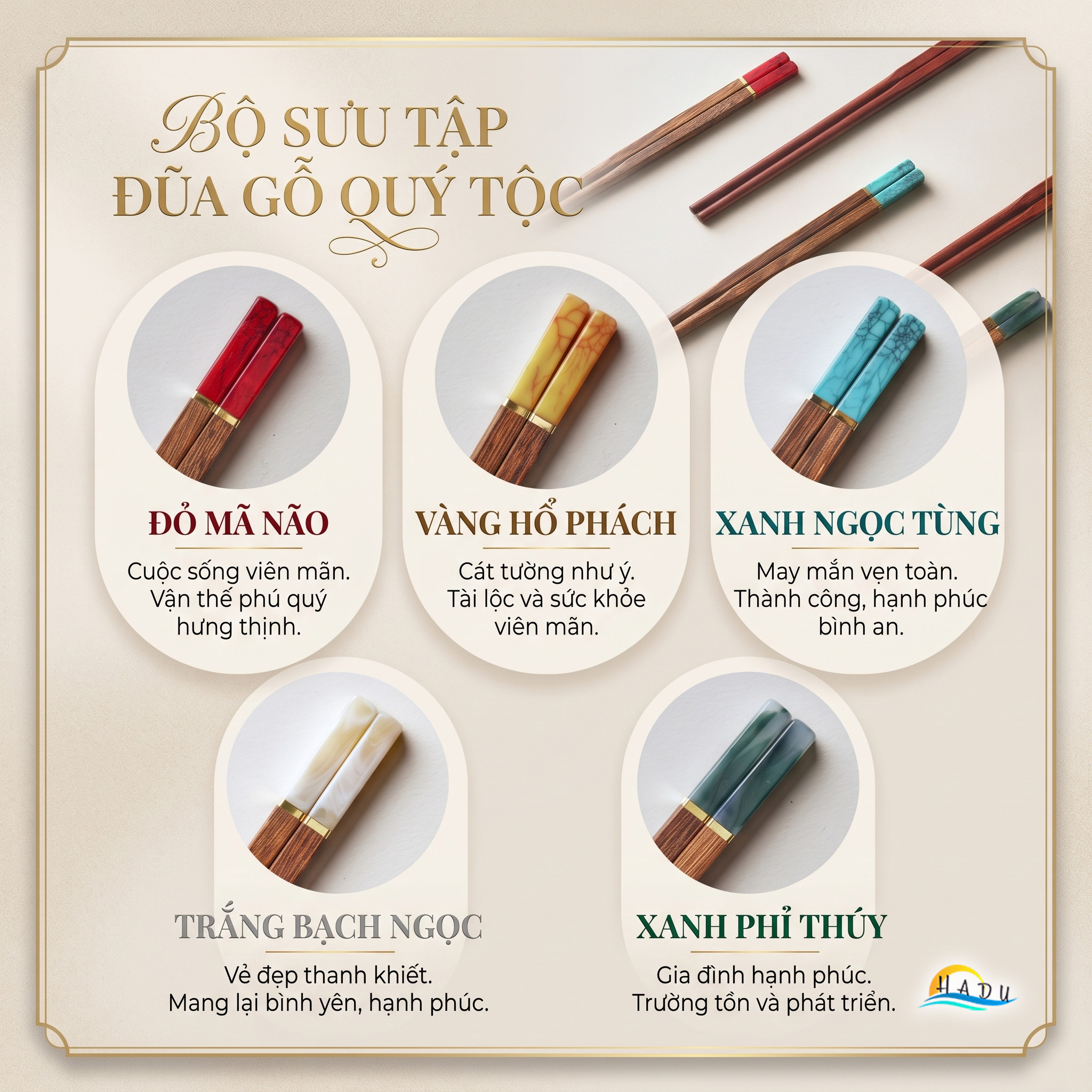 [5 Đôi] Đũa Ăn Cơm Gỗ Tự Nhiên Cánh Gà Cao Cấp Khảm Ngọc Thạch Sang Trọng Chống Ẩm Mốc HADU