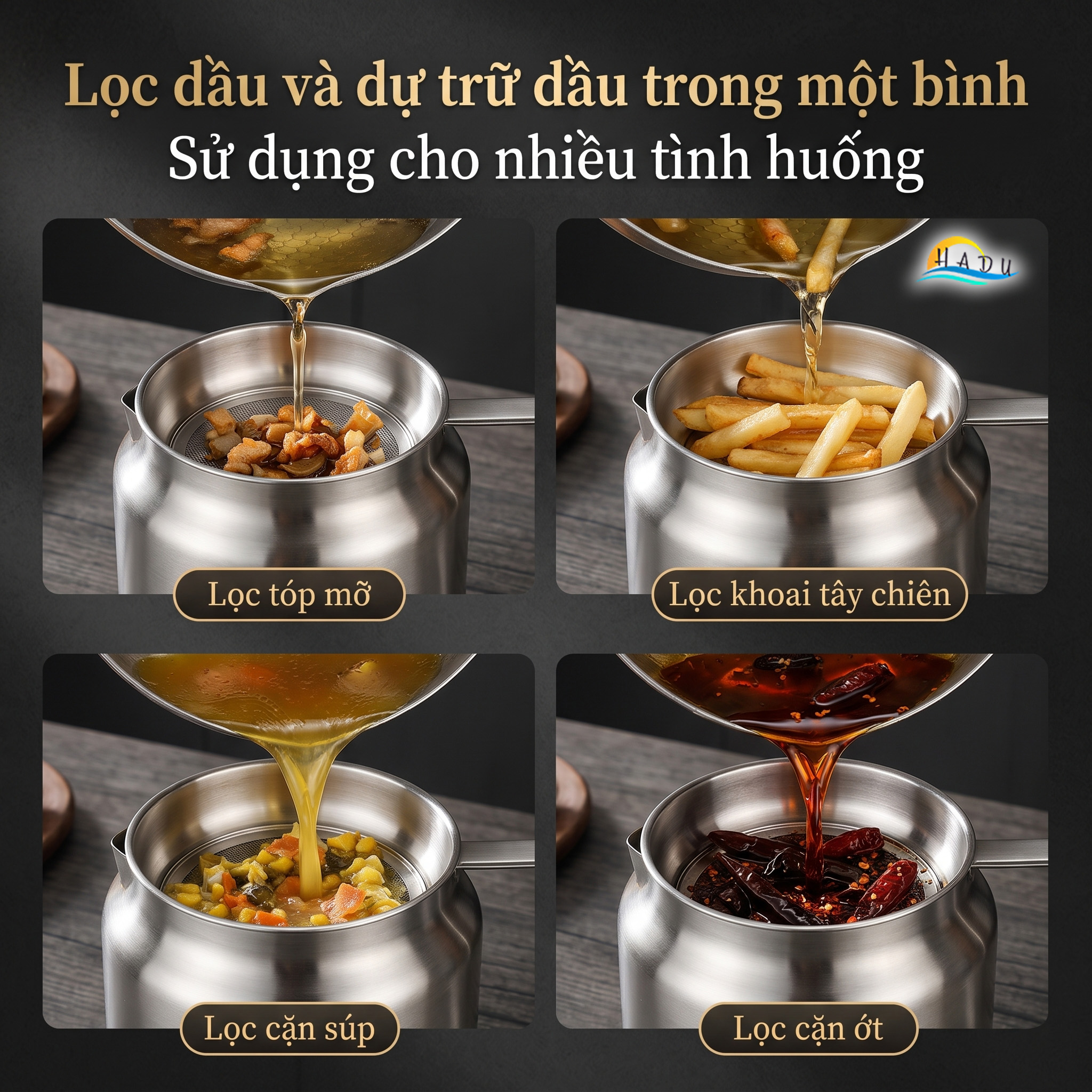 Bình Ca Lọc Dầu Ăn Inox 304 Cao Cấp Có Khay Hứng Tiện Lợi Đạt Chất Lượng LFGB SSGP