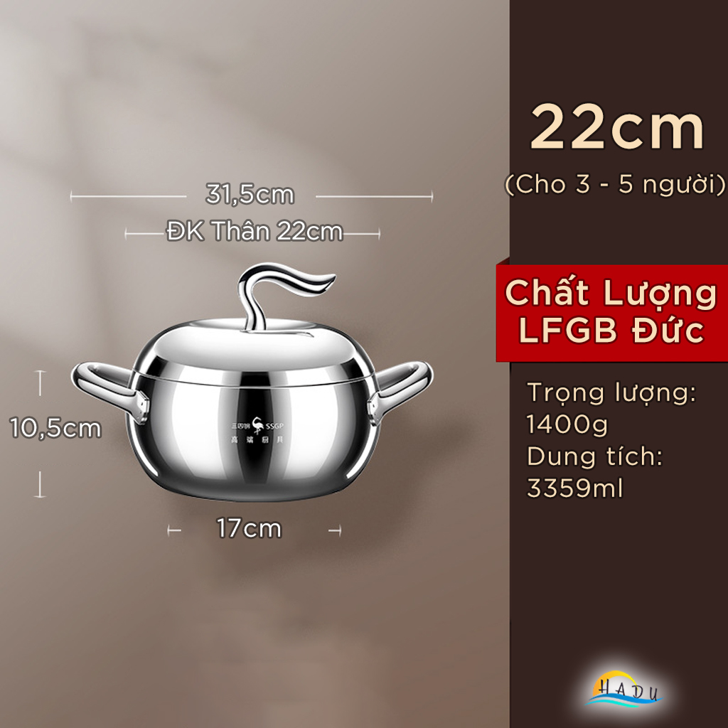 Nồi Inox 316L SSGP Đáy 3 Lớp, Thiết Kế Hình Quả Táo, Dùng Bếp Từ, Đạt Chất Lượng LFGB Đức