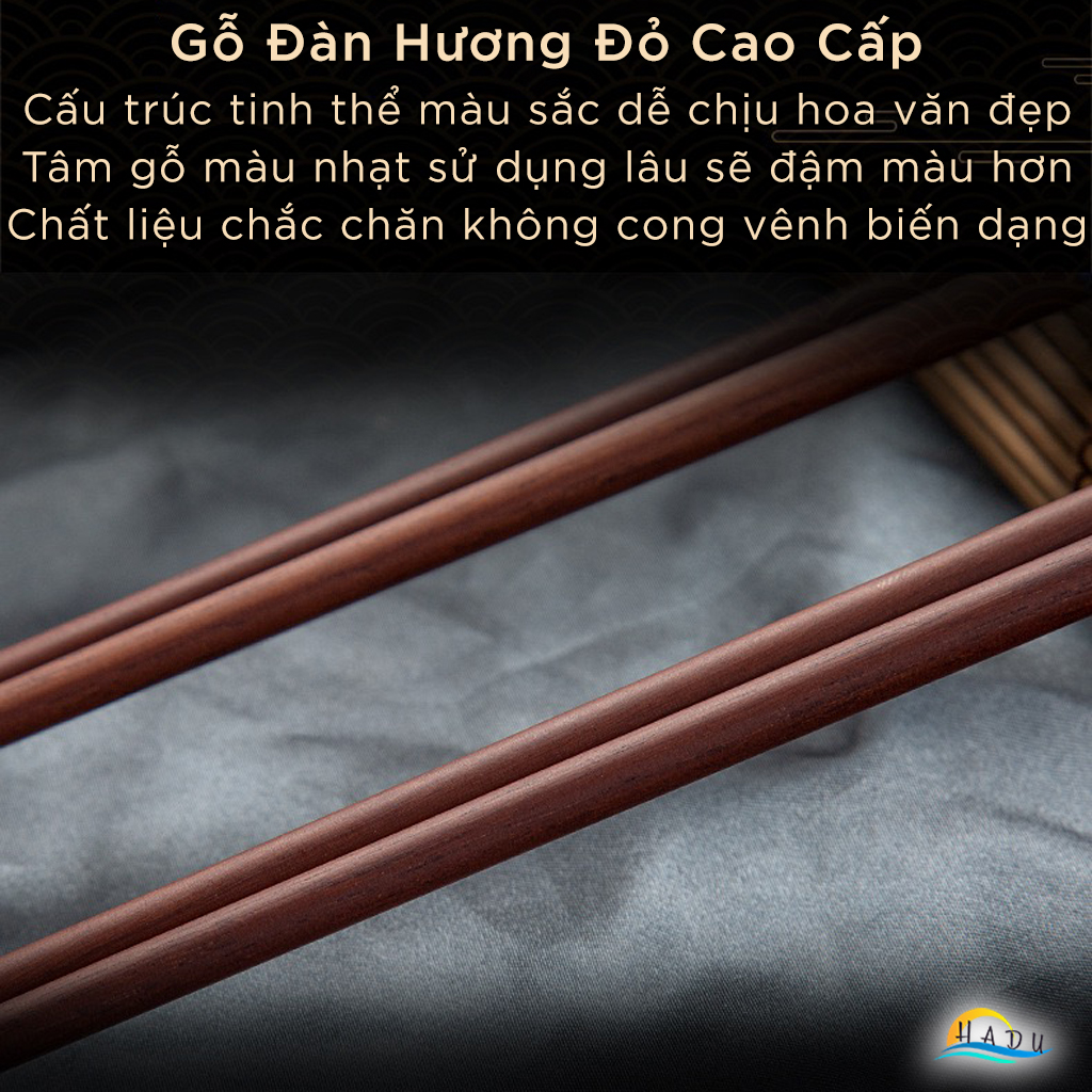 Bộ 10 Đôi Đũa Gỗ Đàn Hương Đỏ HADU, Đầu Hợp Kim Nhôm, Chống Mốc, Dài 24.3cm