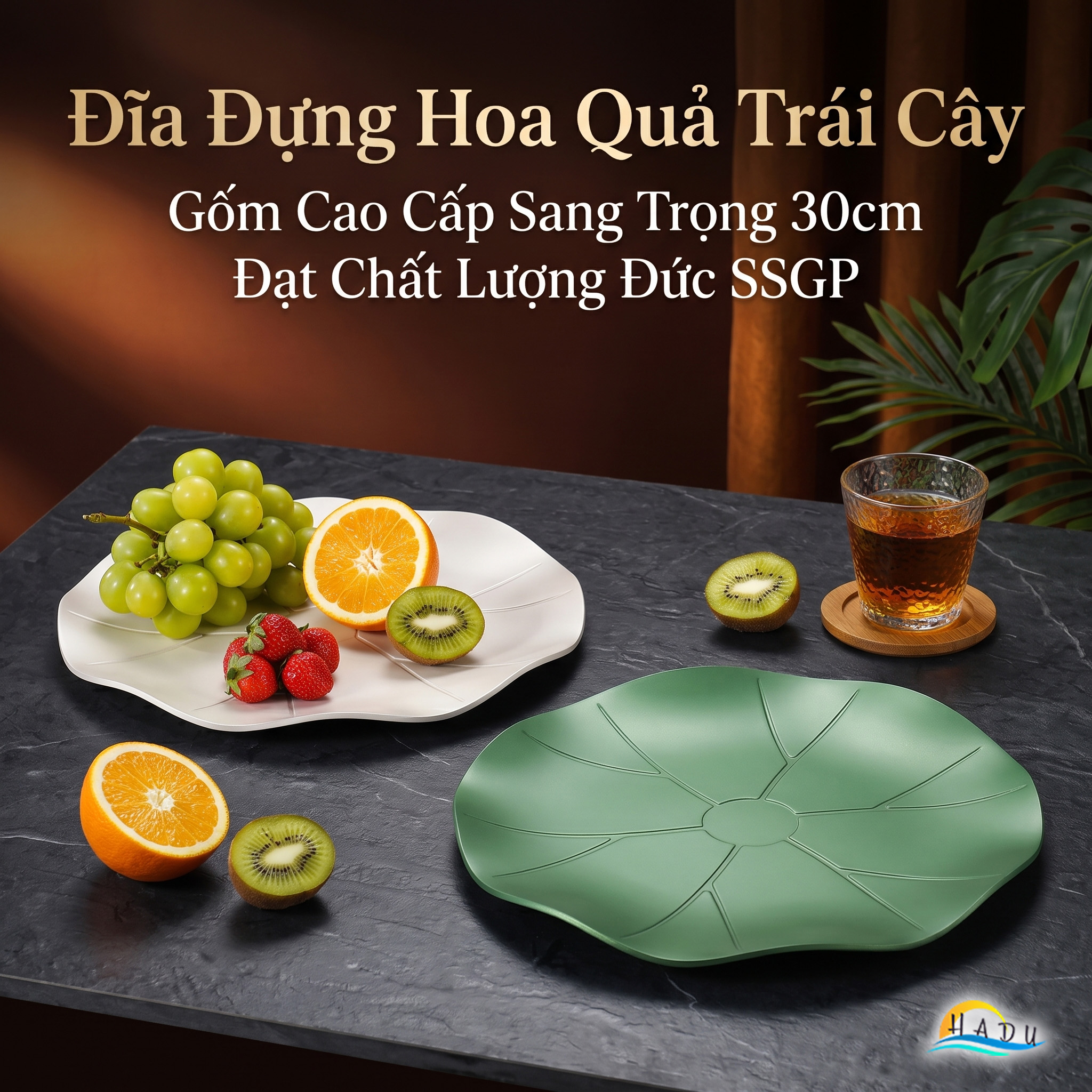 Đĩa Đựng Hoa Quả SSGP Khung Hợp Kim Nhôm Lòng Gốm, 30cm, Sang Trọng, Đạt Chất Lượng LFGB Đức