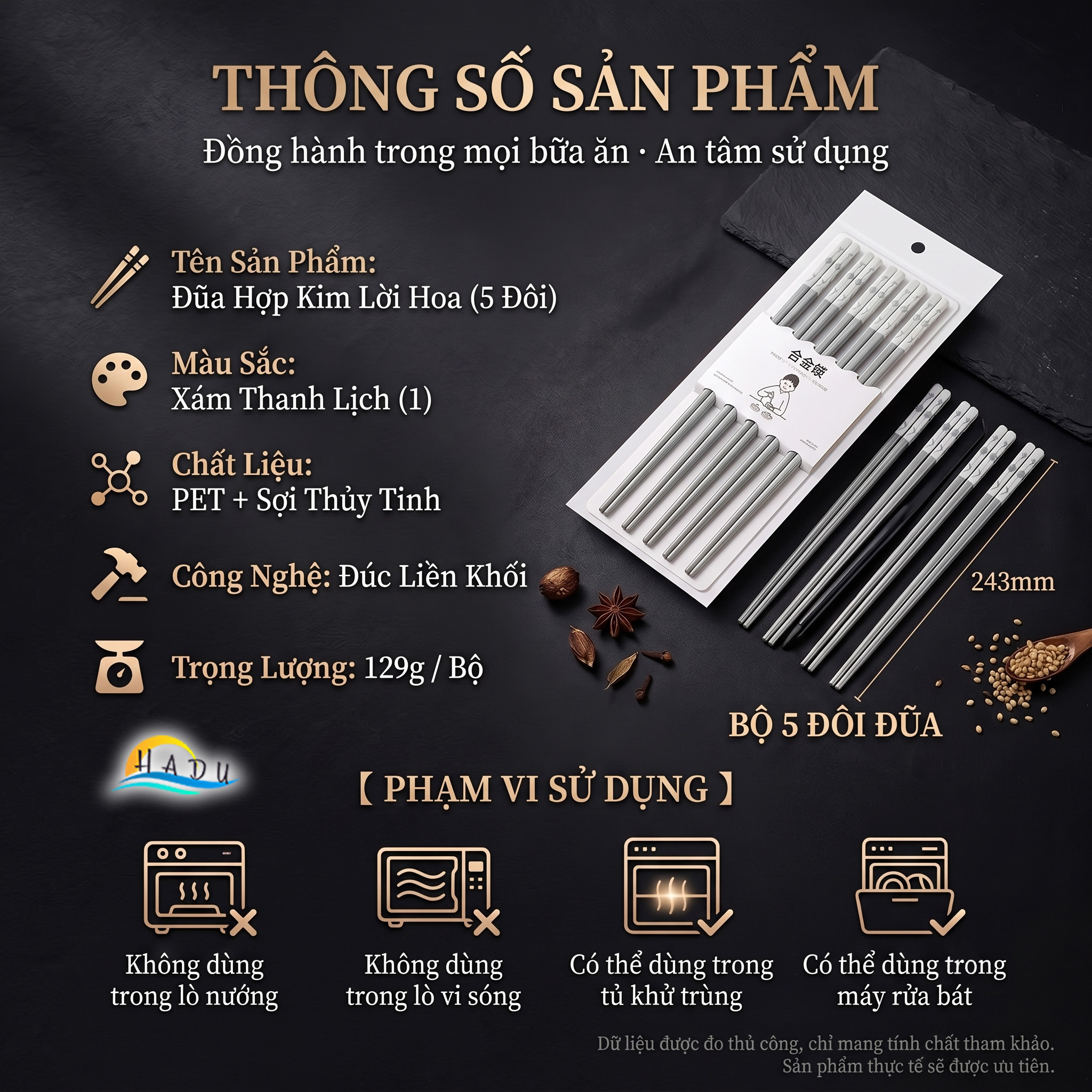 Bộ 5 Đôi Đũa Sợi Thủy Tinh HADU Chống Mốc, Kháng Khuẩn, Chống Trơn, Dài 24.3cm