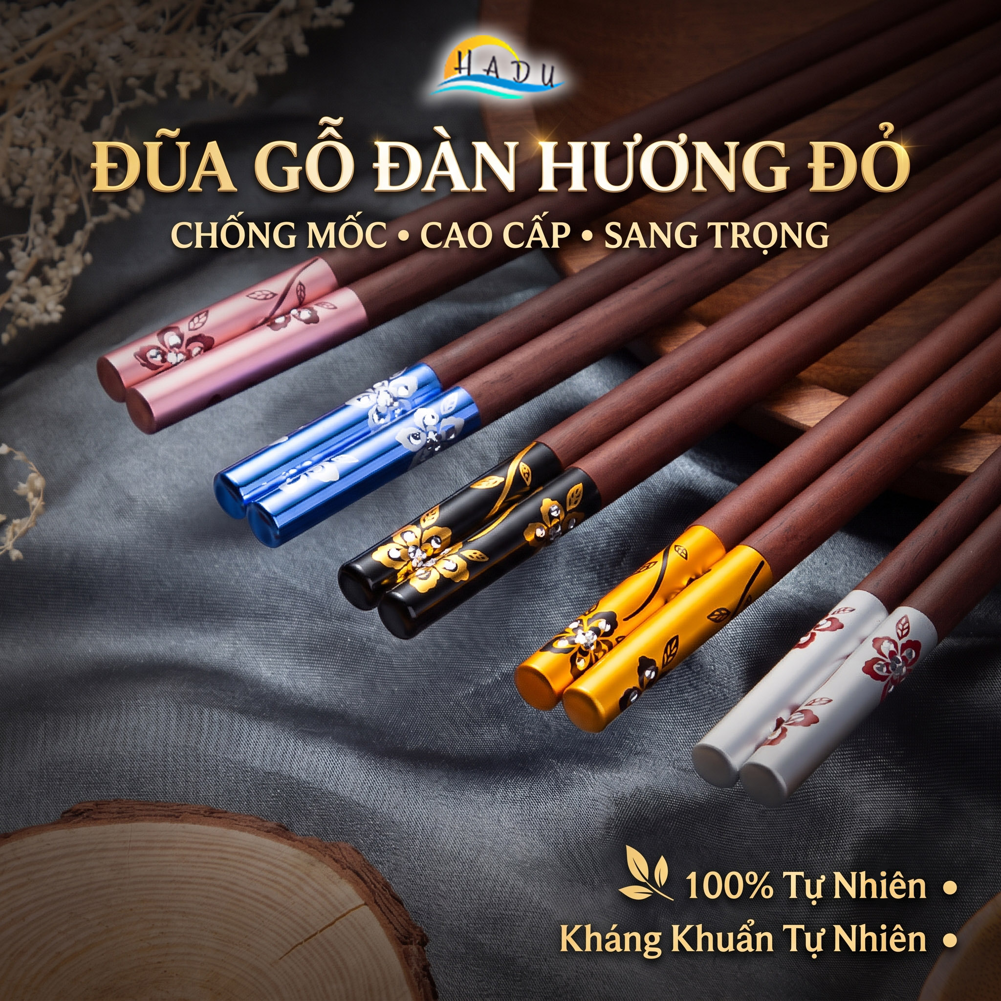 Bộ 10 Đôi Đũa Gỗ Đàn Hương Đỏ HADU, Đầu Hợp Kim Nhôm, Chống Mốc, Dài 24.3cm