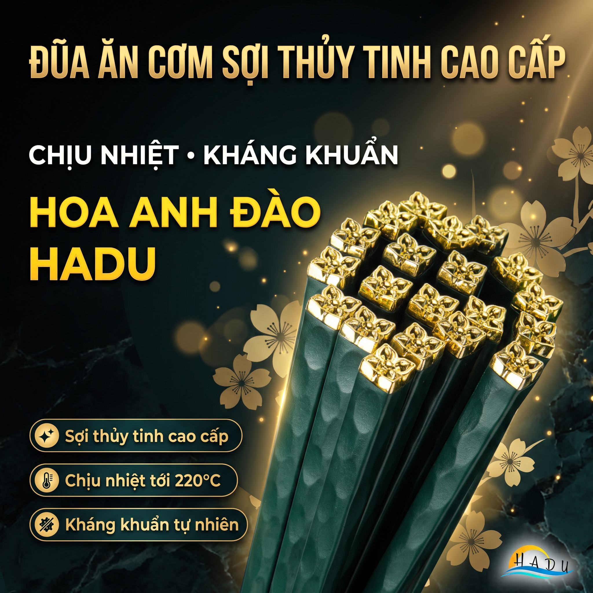 Bộ 5 Đôi Đũa Sợi Thủy Tinh HADU Họa Tiết Hoa Lấp Lánh, Chống Trơn, Chịu Nhiệt, 24.3cm