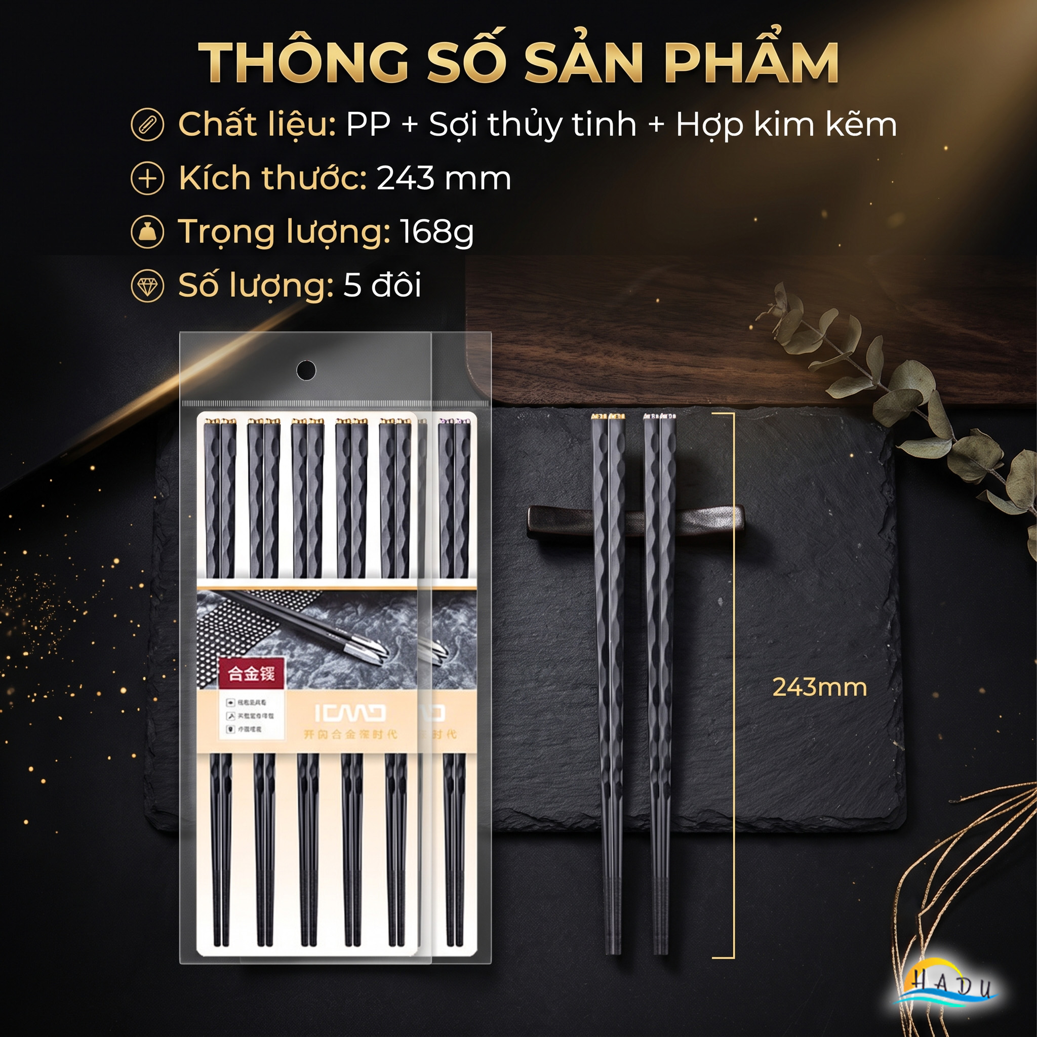 Bộ 5 Đôi Đũa Sợi Thủy Tinh HADU Họa Tiết Hoa Lấp Lánh, Chống Trơn, Chịu Nhiệt, 24.3cm