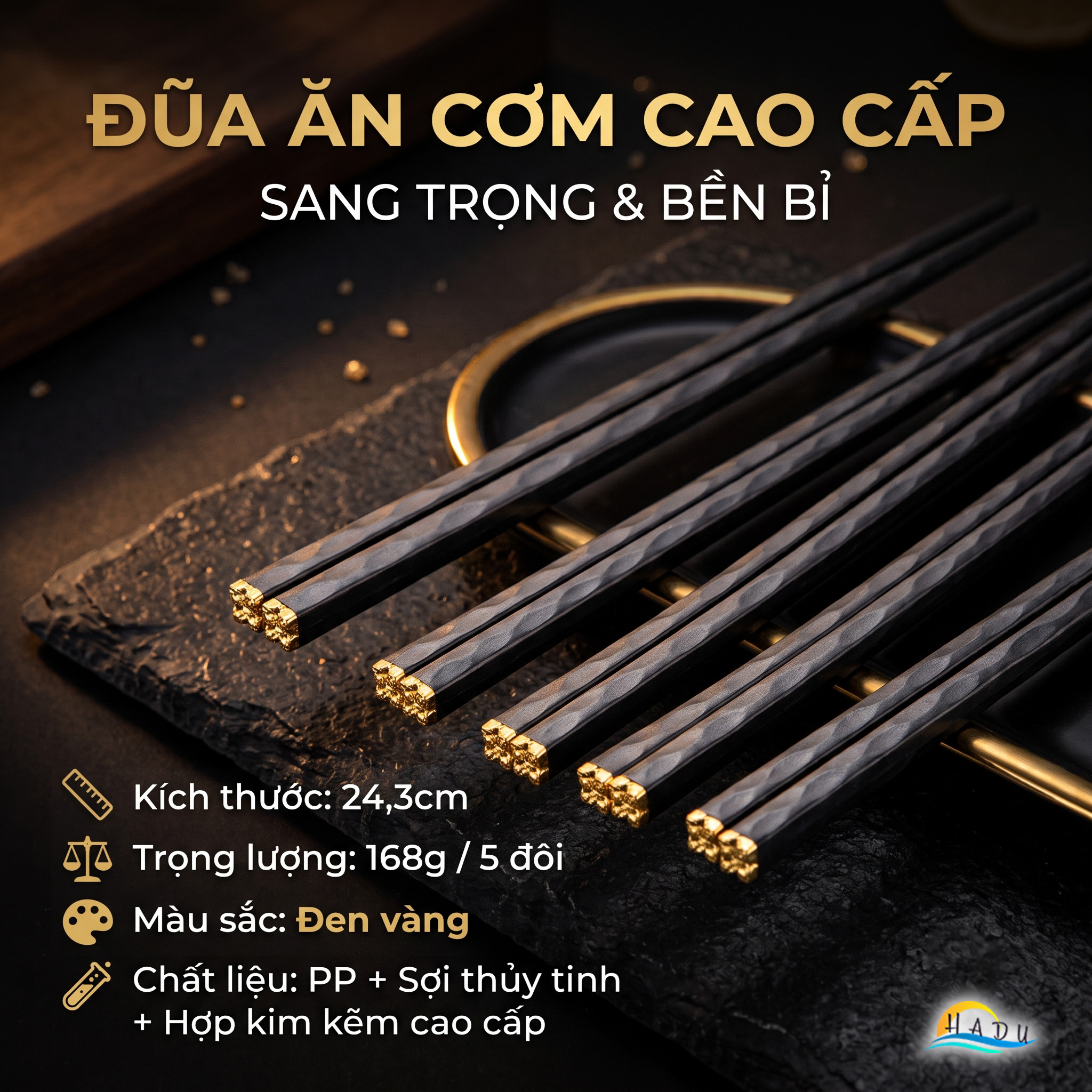 Bộ 5 Đôi Đũa Sợi Thủy Tinh HADU Họa Tiết Hoa Lấp Lánh, Chống Trơn, Chịu Nhiệt, 24.3cm