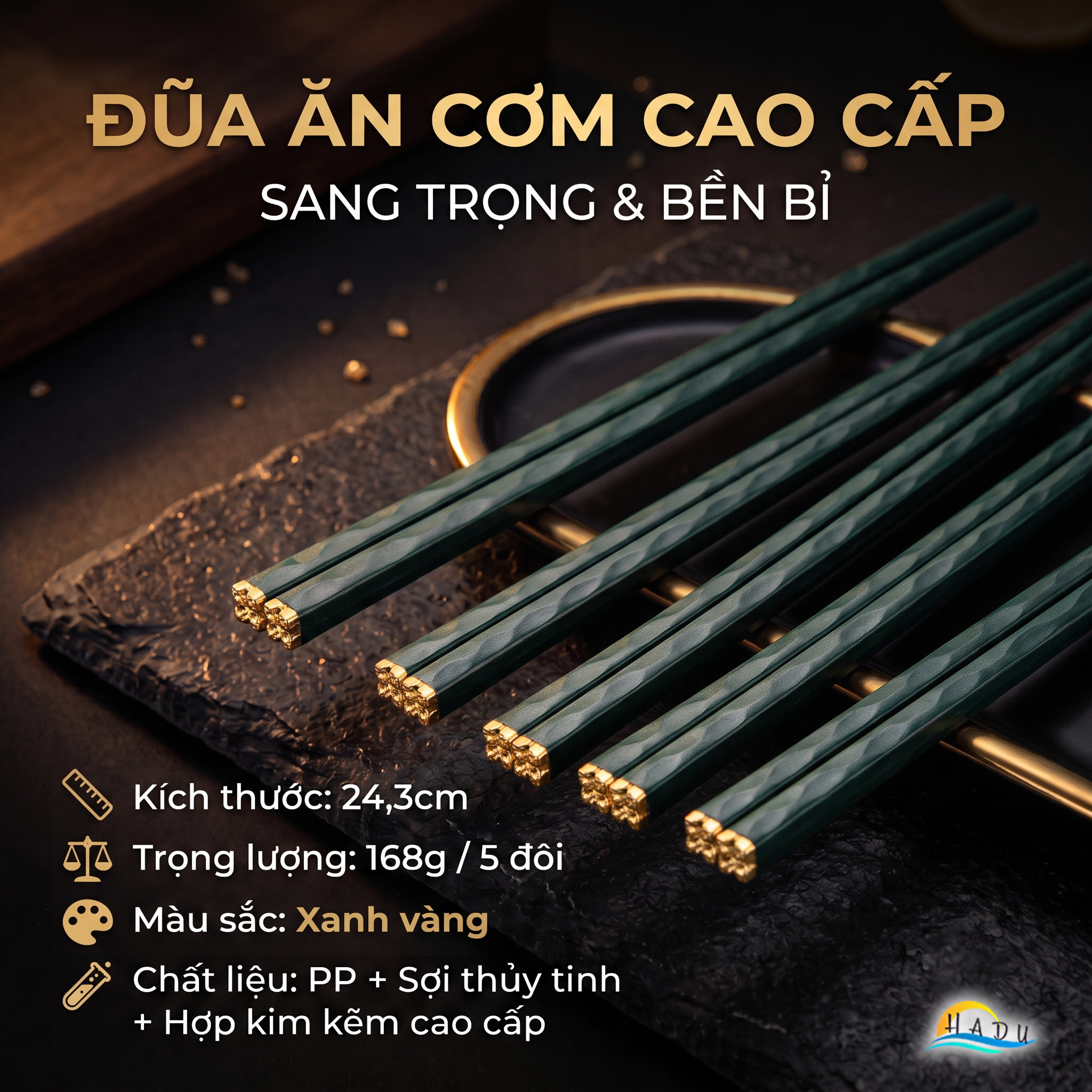 Bộ 5 Đôi Đũa Sợi Thủy Tinh HADU Họa Tiết Hoa Lấp Lánh, Chống Trơn, Chịu Nhiệt, 24.3cm