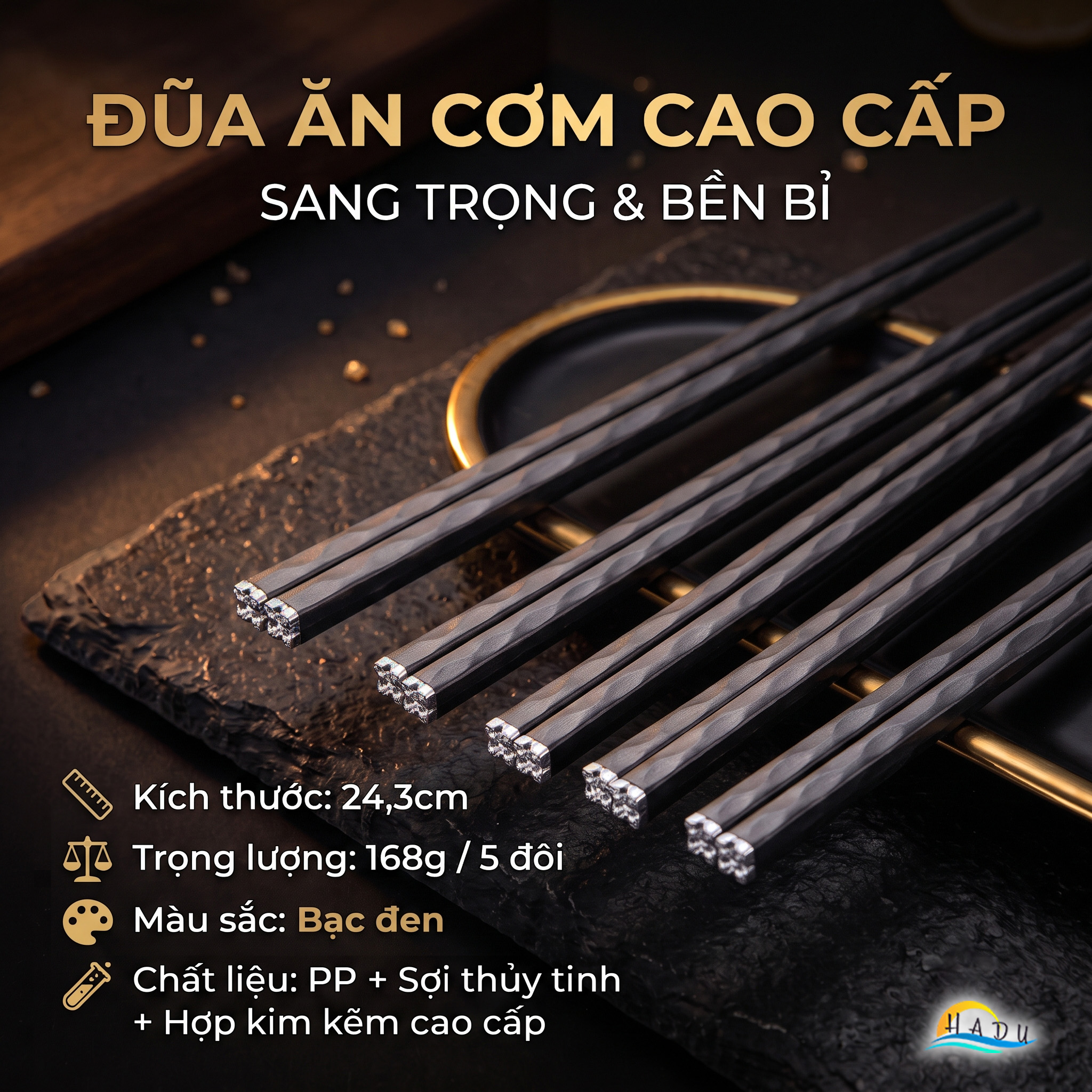Bộ 5 Đôi Đũa Sợi Thủy Tinh HADU Họa Tiết Hoa Lấp Lánh, Chống Trơn, Chịu Nhiệt, 24.3cm