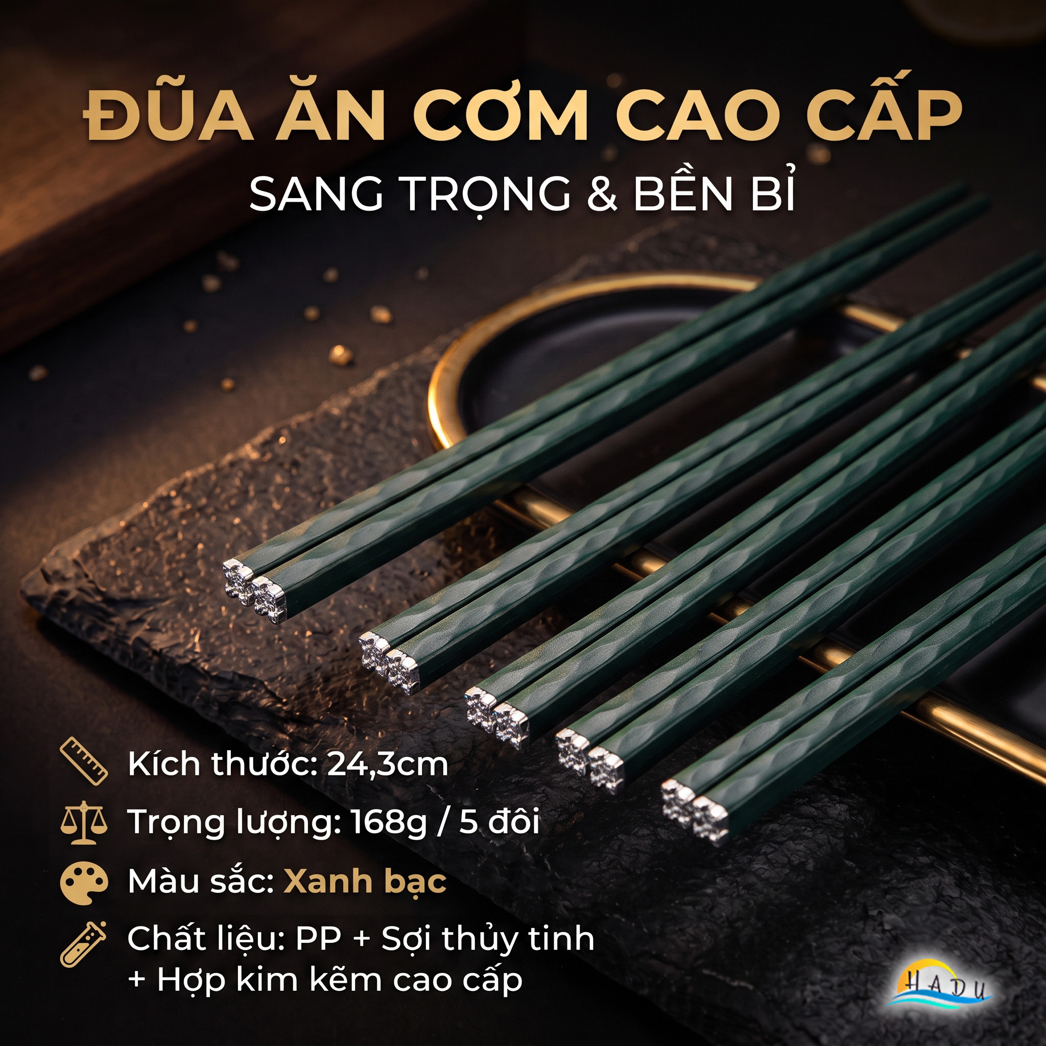 Bộ 5 Đôi Đũa Sợi Thủy Tinh HADU Họa Tiết Hoa Lấp Lánh, Chống Trơn, Chịu Nhiệt, 24.3cm
