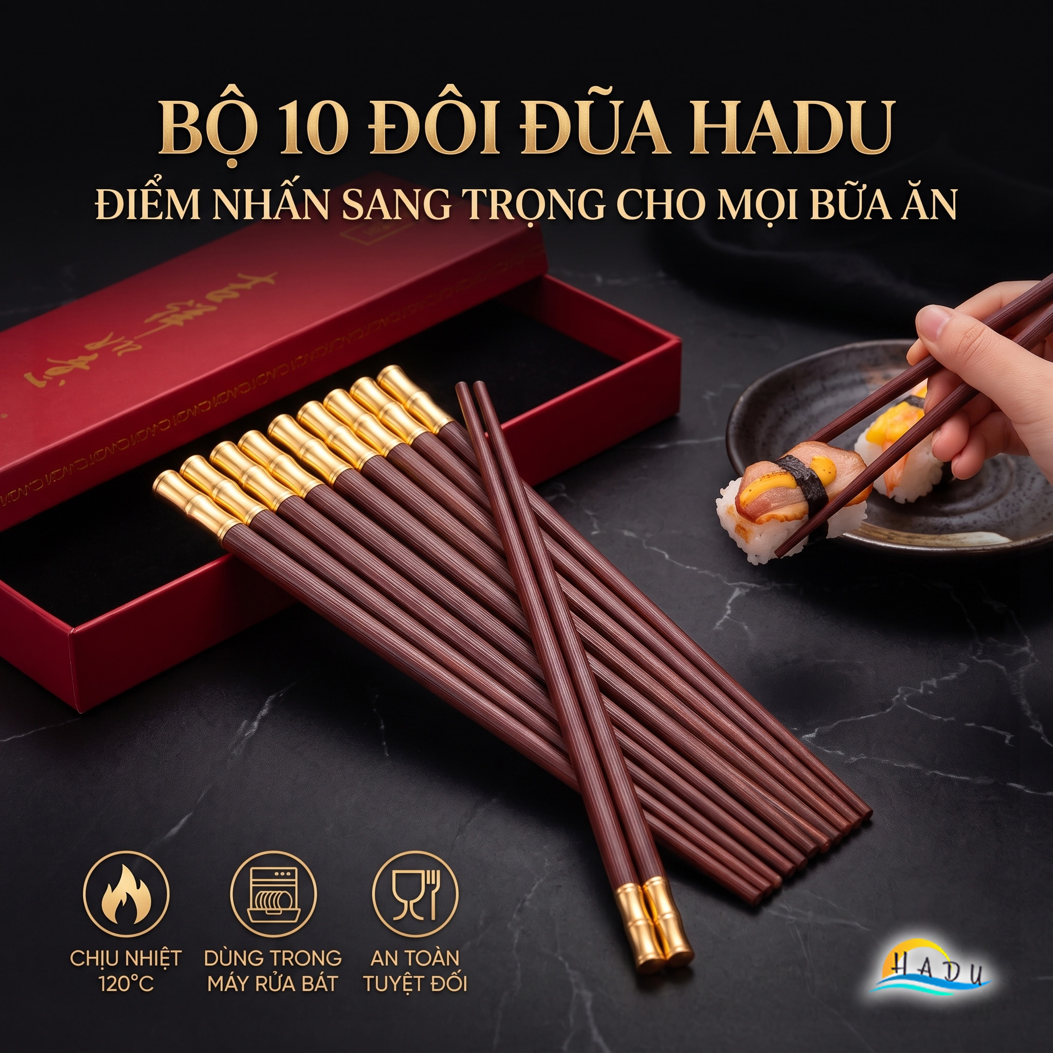 Đũa Gỗ Ăn Cơm Cao Cấp Khảm Tre Vàng Sang Trọng Chống Trượt Chịu Nhiệt Không Ẩm Mốc An Toàn HADU