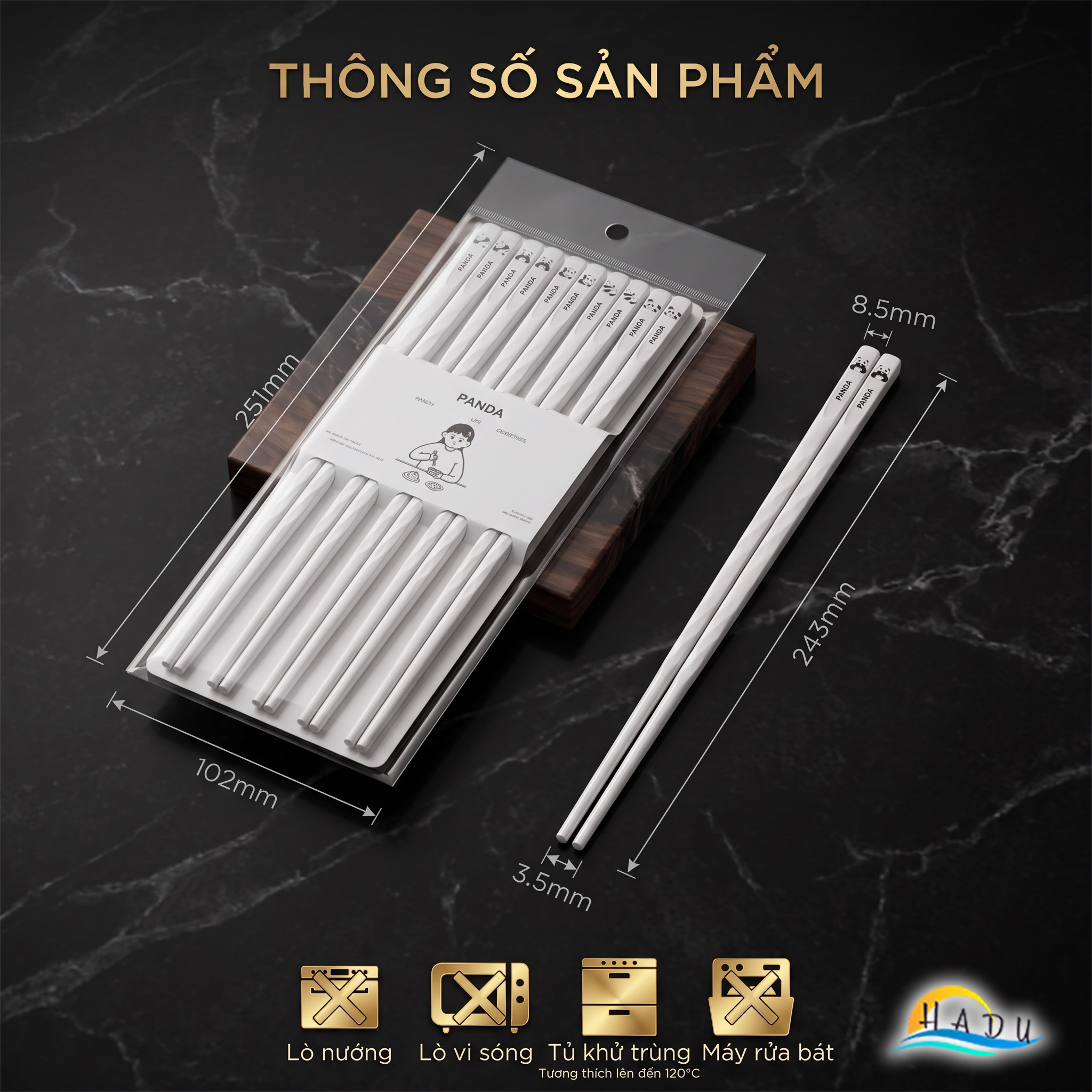 Bộ 5 Đôi Đũa Sợi Thủy Tinh HADU Kháng Khuẩn, Chống Mốc, Đầu Nhám Chống Trơn, Màu Trắng