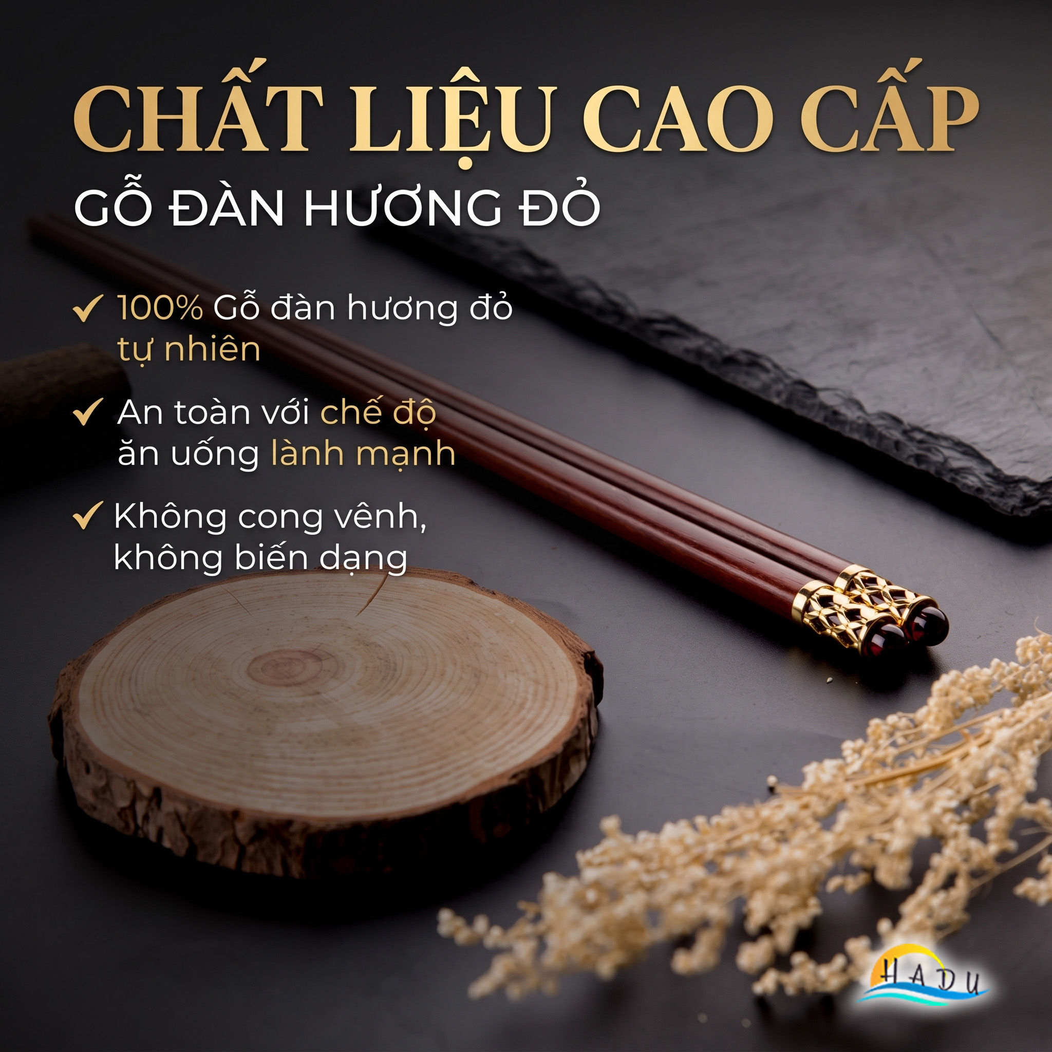Bộ 10 Đôi Đũa Gỗ Đàn Hương Đỏ HADU, Chống Mốc, Chống Trơn, Dài 25cm