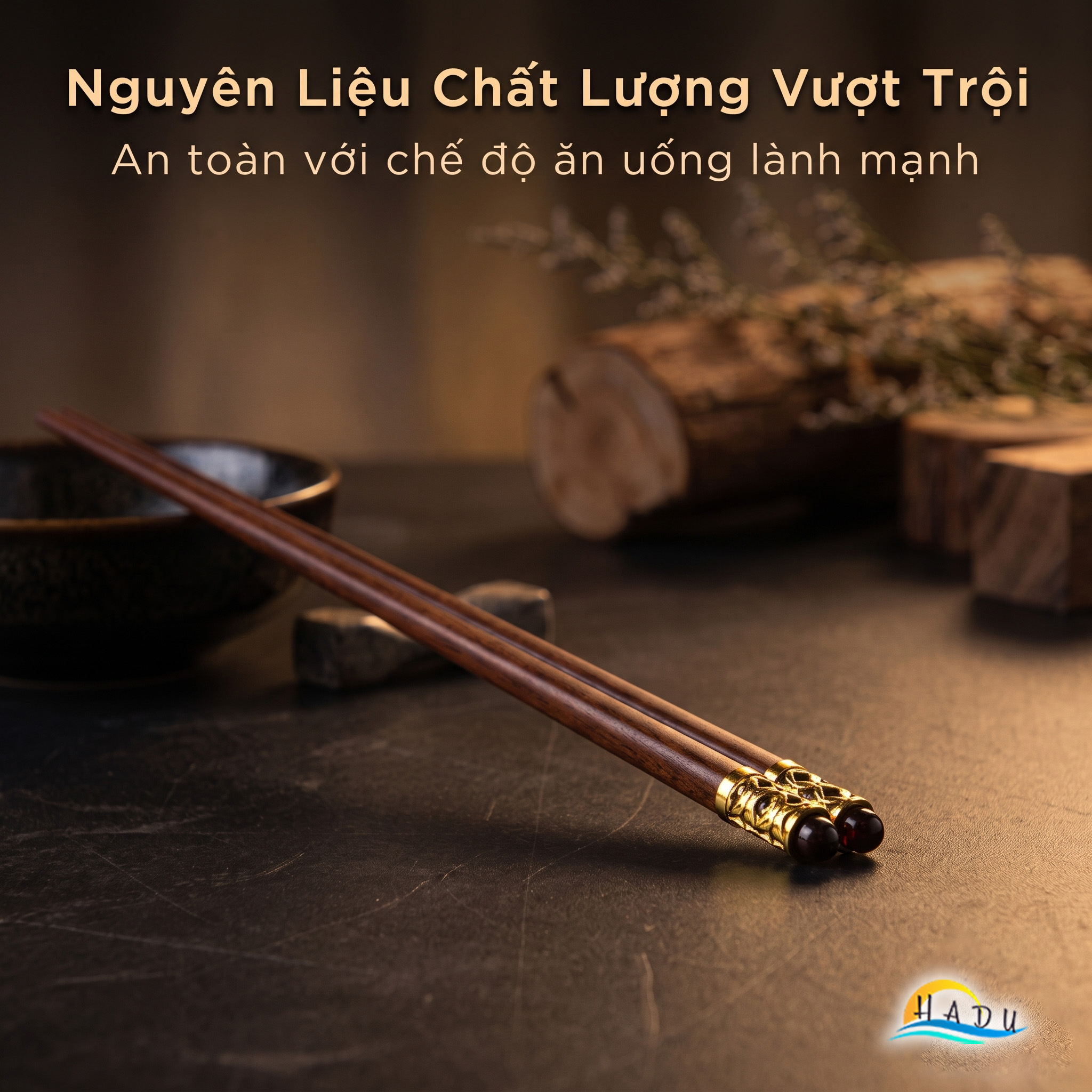 Bộ 10 Đôi Đũa Gỗ Đàn Hương Đỏ HADU, Chống Mốc, Chống Trơn, Dài 25cm