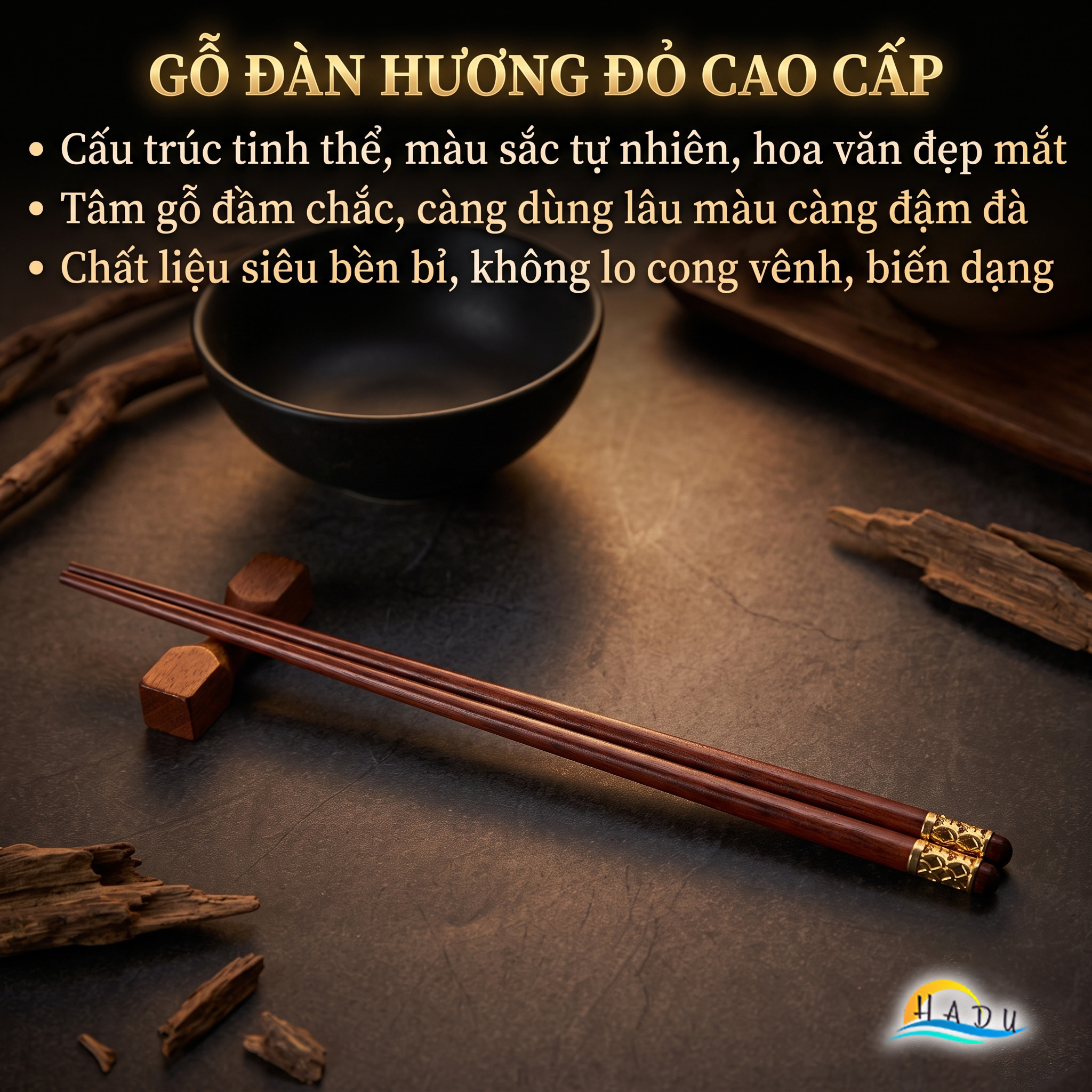 Bộ 10 Đôi Đũa Gỗ Đàn Hương Đỏ HADU, Chống Mốc, Chống Trơn, Dài 25cm