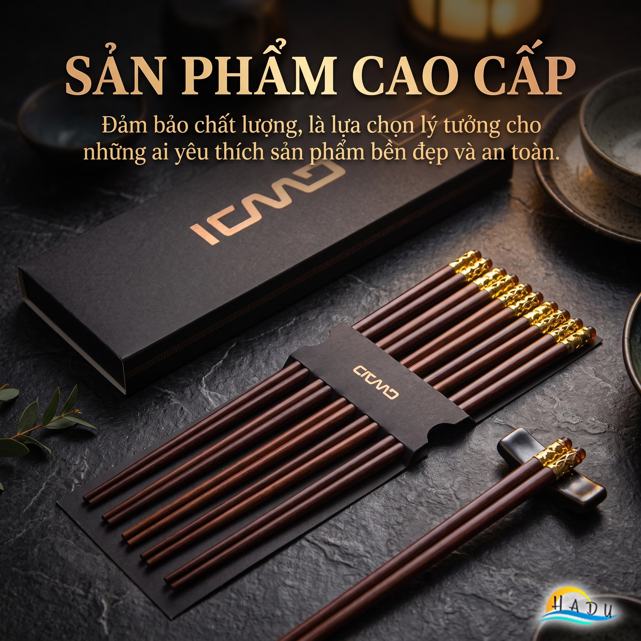 Bộ 10 Đôi Đũa Gỗ Đàn Hương Đỏ HADU, Chống Mốc, Chống Trơn, Dài 25cm