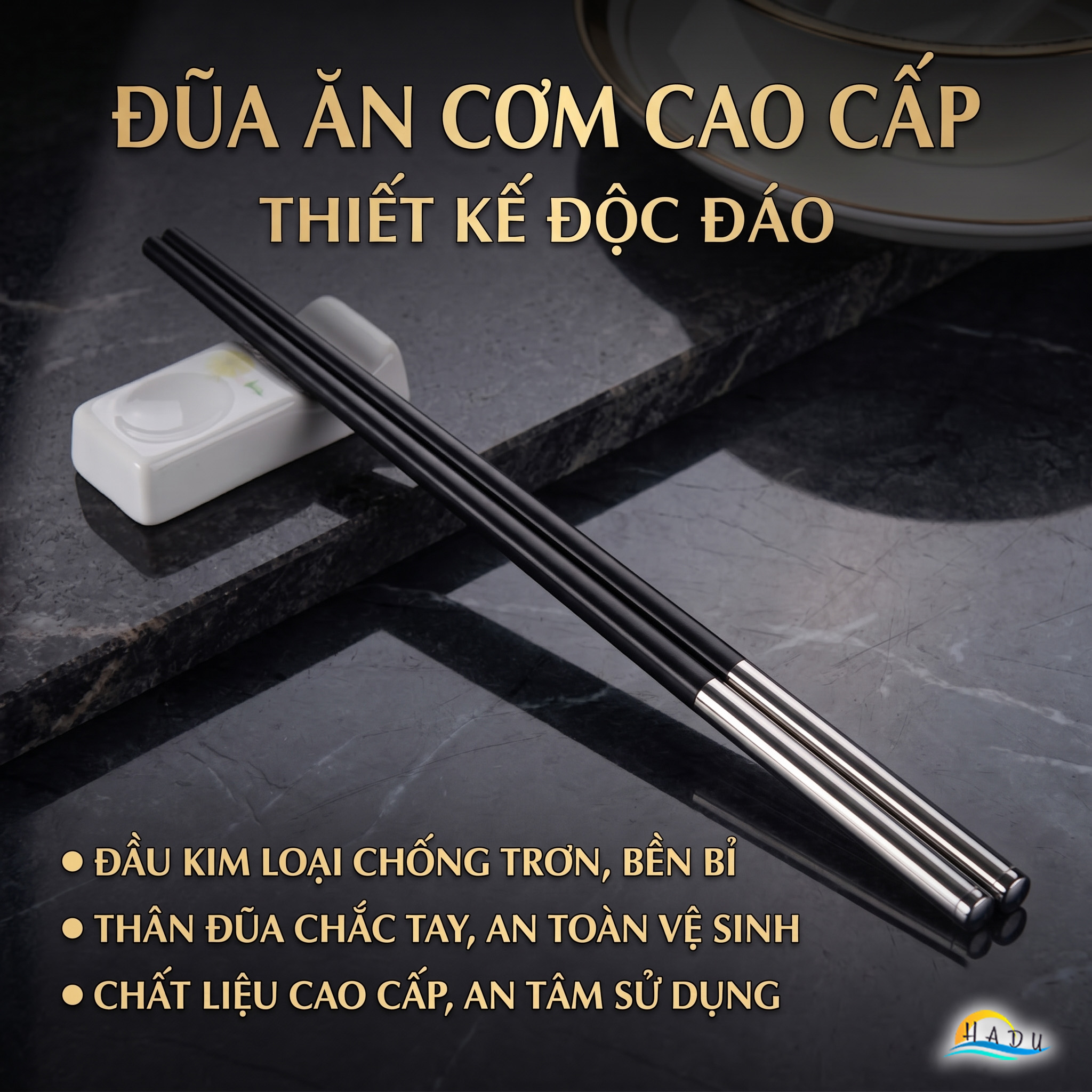 Bộ 10 Đôi Đũa Hợp Kim HADU Chuôi Inox 304, Kháng Khuẩn, Chống Trơn, 27cm, Màu Đen Xanh Bạc