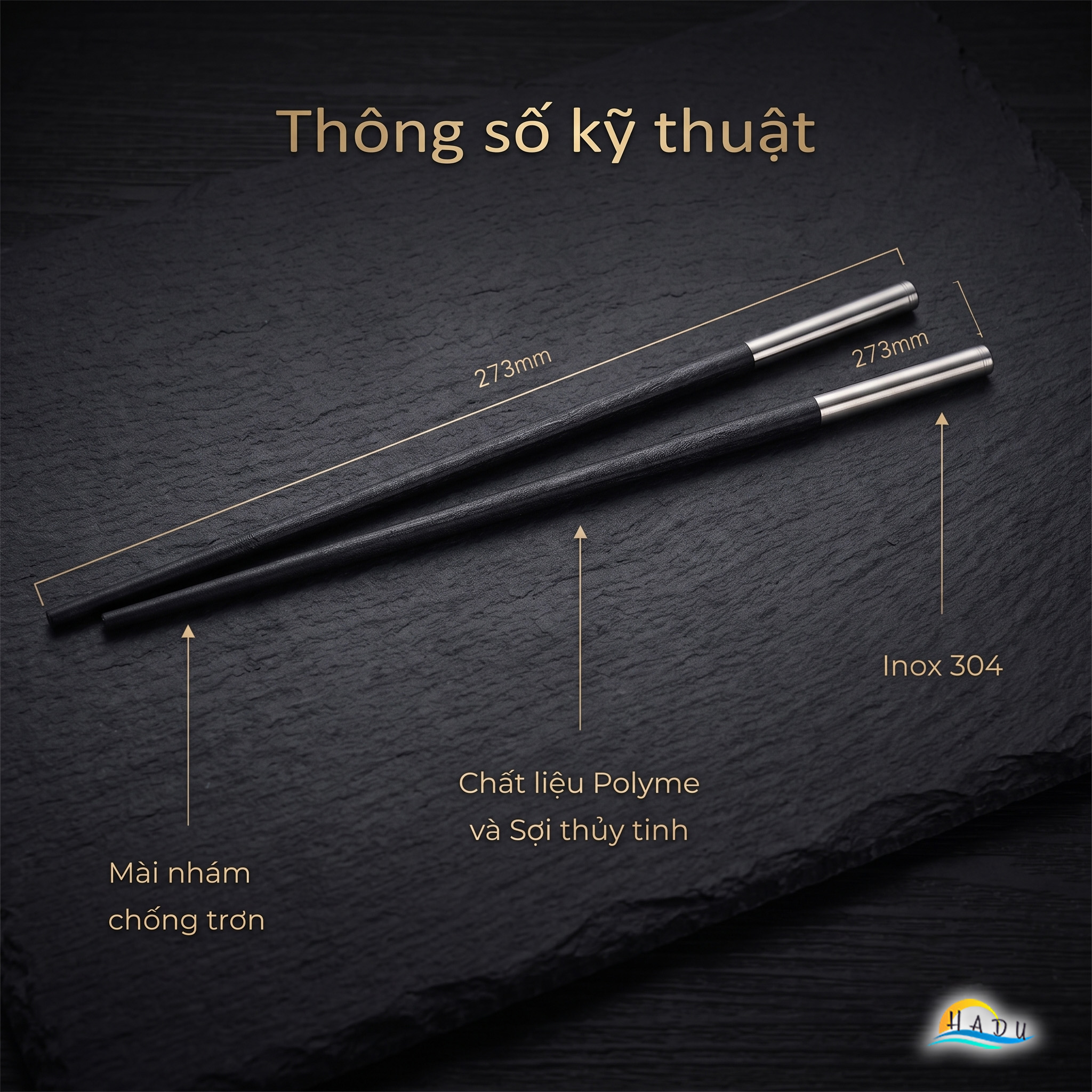 Bộ 10 Đôi Đũa Hợp Kim HADU Chuôi Inox 304, Kháng Khuẩn, Chống Trơn, 27cm, Màu Đen Xanh Bạc