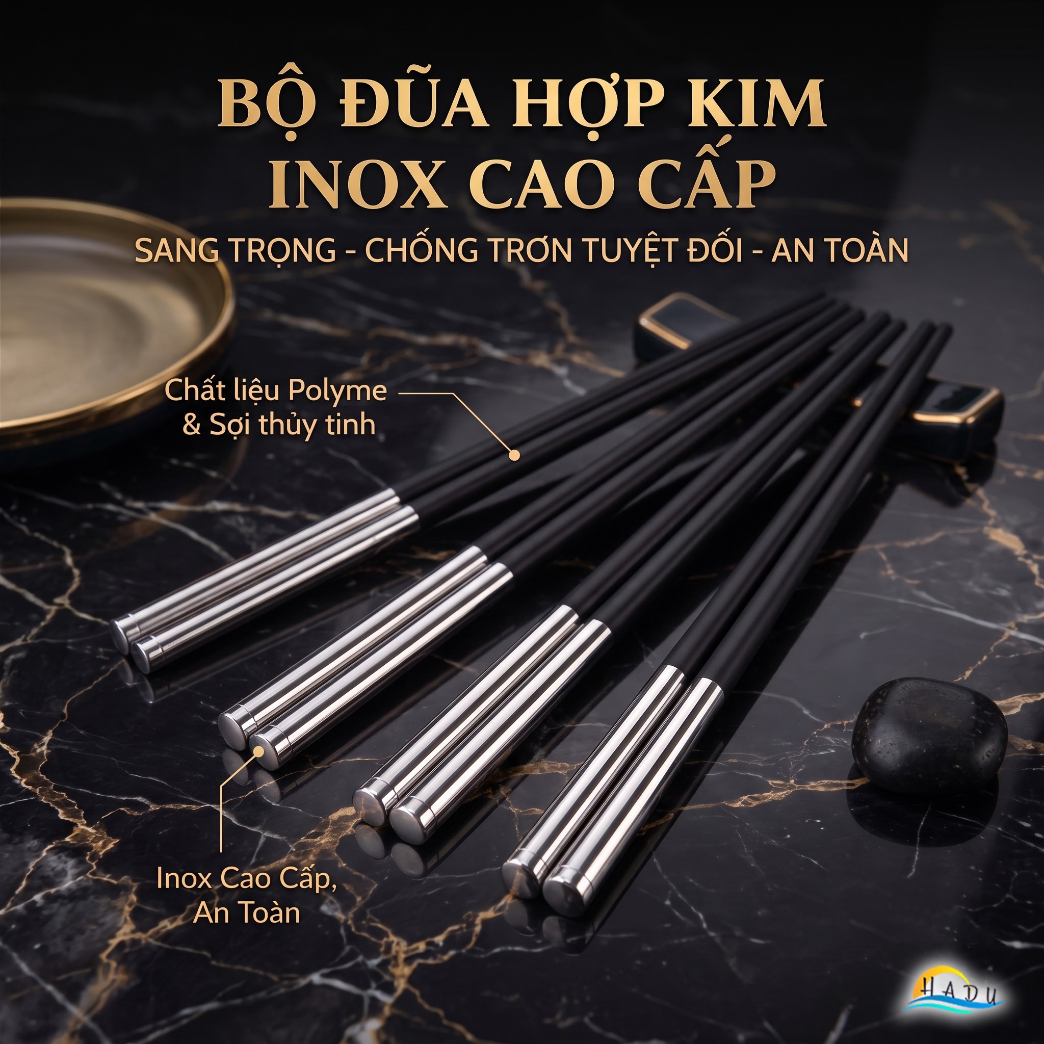 Bộ 10 Đôi Đũa Hợp Kim HADU Chuôi Inox 304, Kháng Khuẩn, Chống Trơn, 27cm, Màu Đen Xanh Bạc