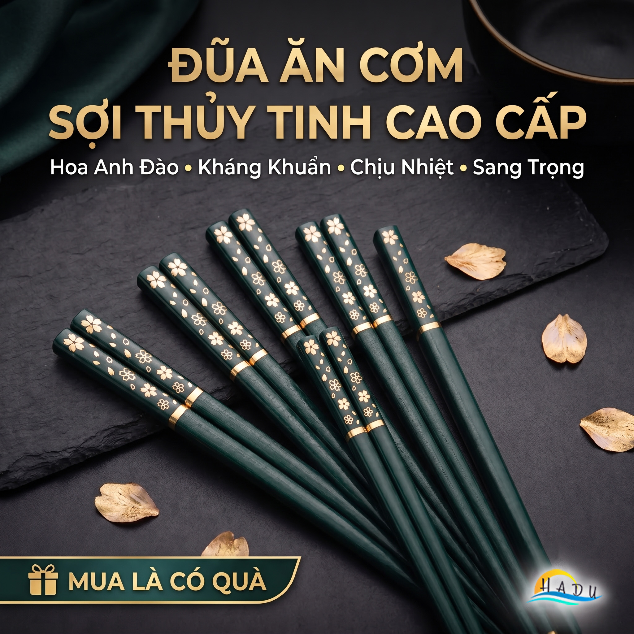Bộ 5 Đôi Đũa Sợi Thủy Tinh HADU Họa Tiết Hoa Anh Đào, Kháng Khuẩn, Chống Trơn, 24.3cm, Màu Xanh Bắc Âu