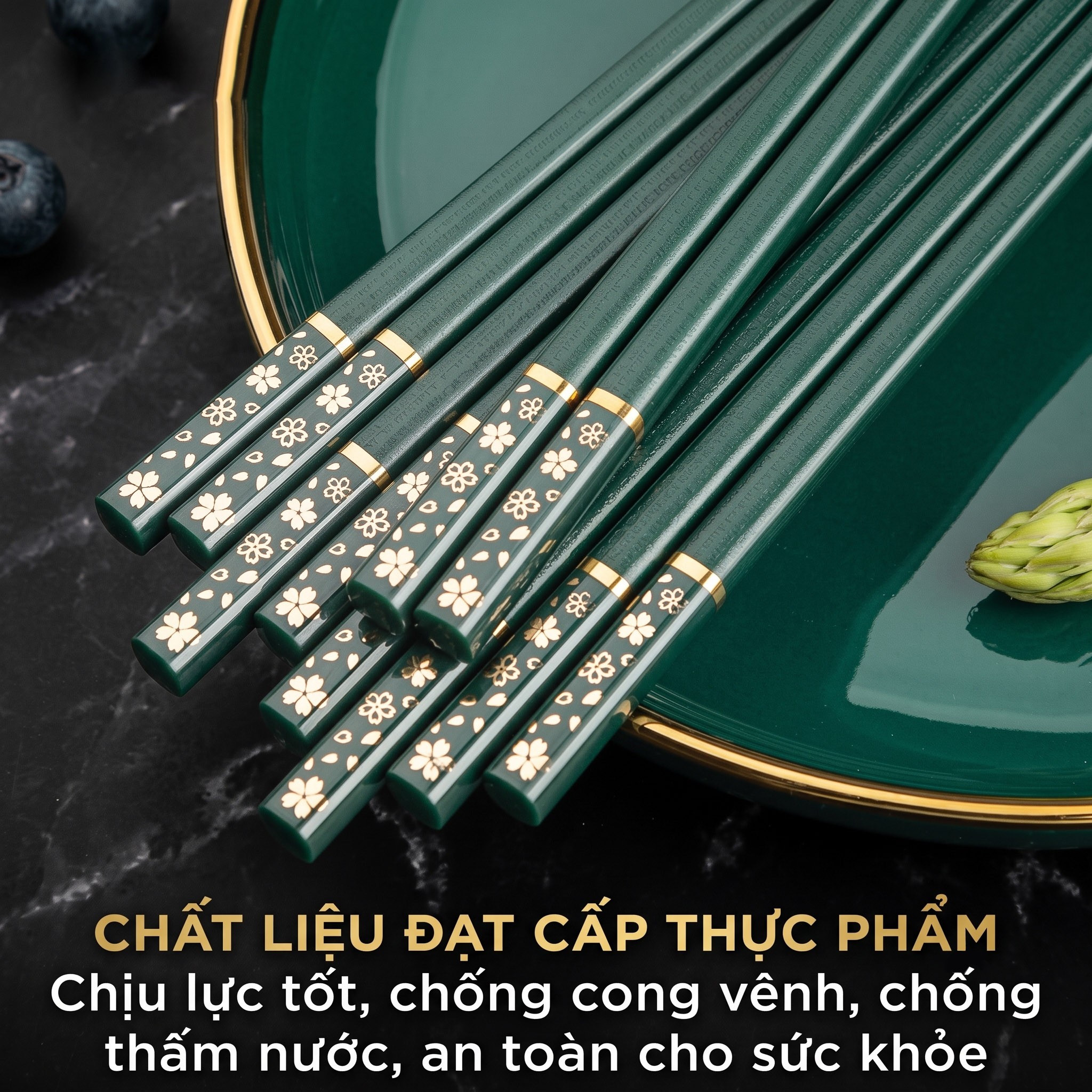 Bộ 5 Đôi Đũa Sợi Thủy Tinh HADU Họa Tiết Hoa Anh Đào, Kháng Khuẩn, Chống Trơn, 24.3cm, Màu Xanh Bắc Âu