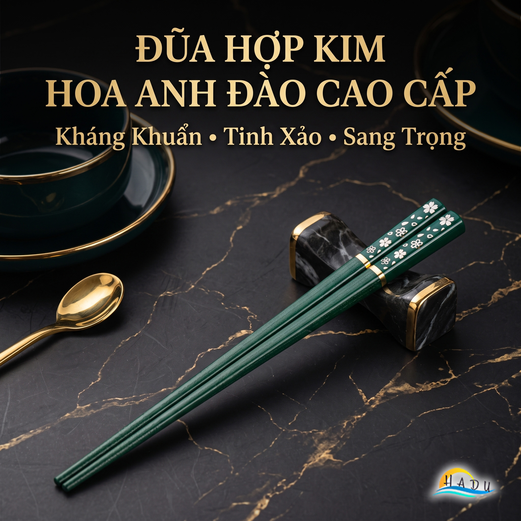 Bộ 5 Đôi Đũa Sợi Thủy Tinh HADU Họa Tiết Hoa Anh Đào, Kháng Khuẩn, Chống Trơn, 24.3cm, Màu Xanh Bắc Âu