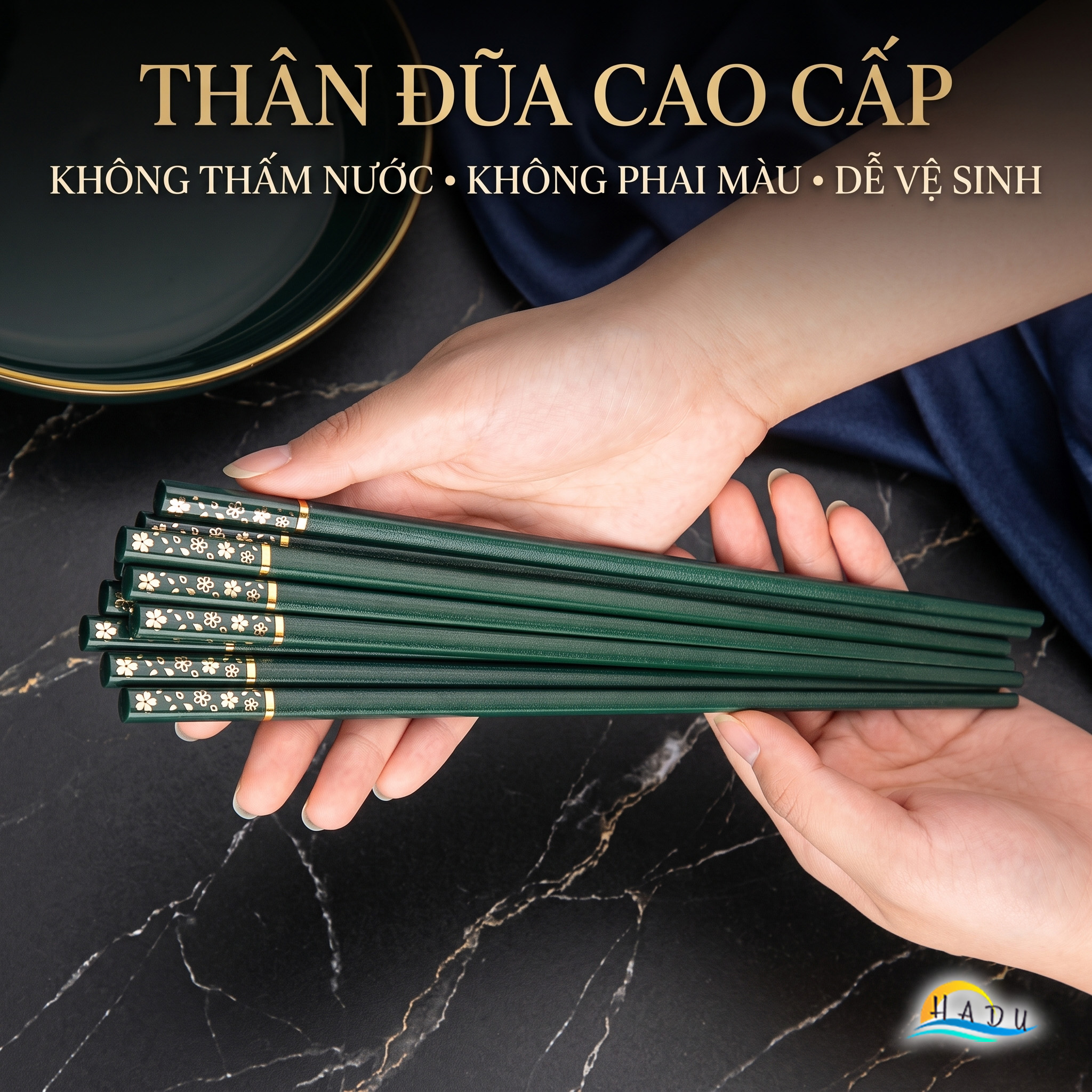 Bộ 5 Đôi Đũa Sợi Thủy Tinh HADU Họa Tiết Hoa Anh Đào, Kháng Khuẩn, Chống Trơn, 24.3cm, Màu Xanh Bắc Âu