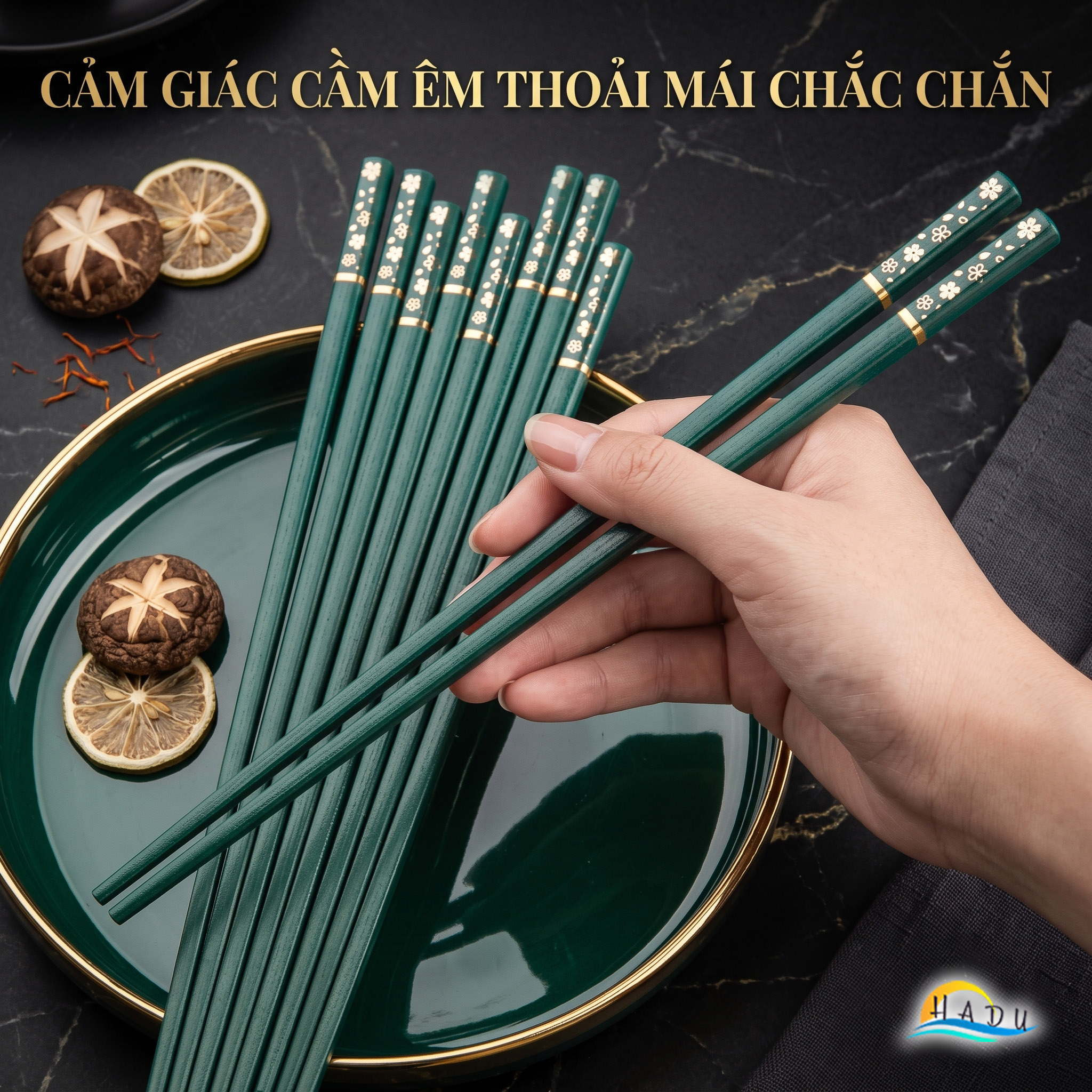 Bộ 5 Đôi Đũa Sợi Thủy Tinh HADU Họa Tiết Hoa Anh Đào, Kháng Khuẩn, Chống Trơn, 24.3cm, Màu Xanh Bắc Âu
