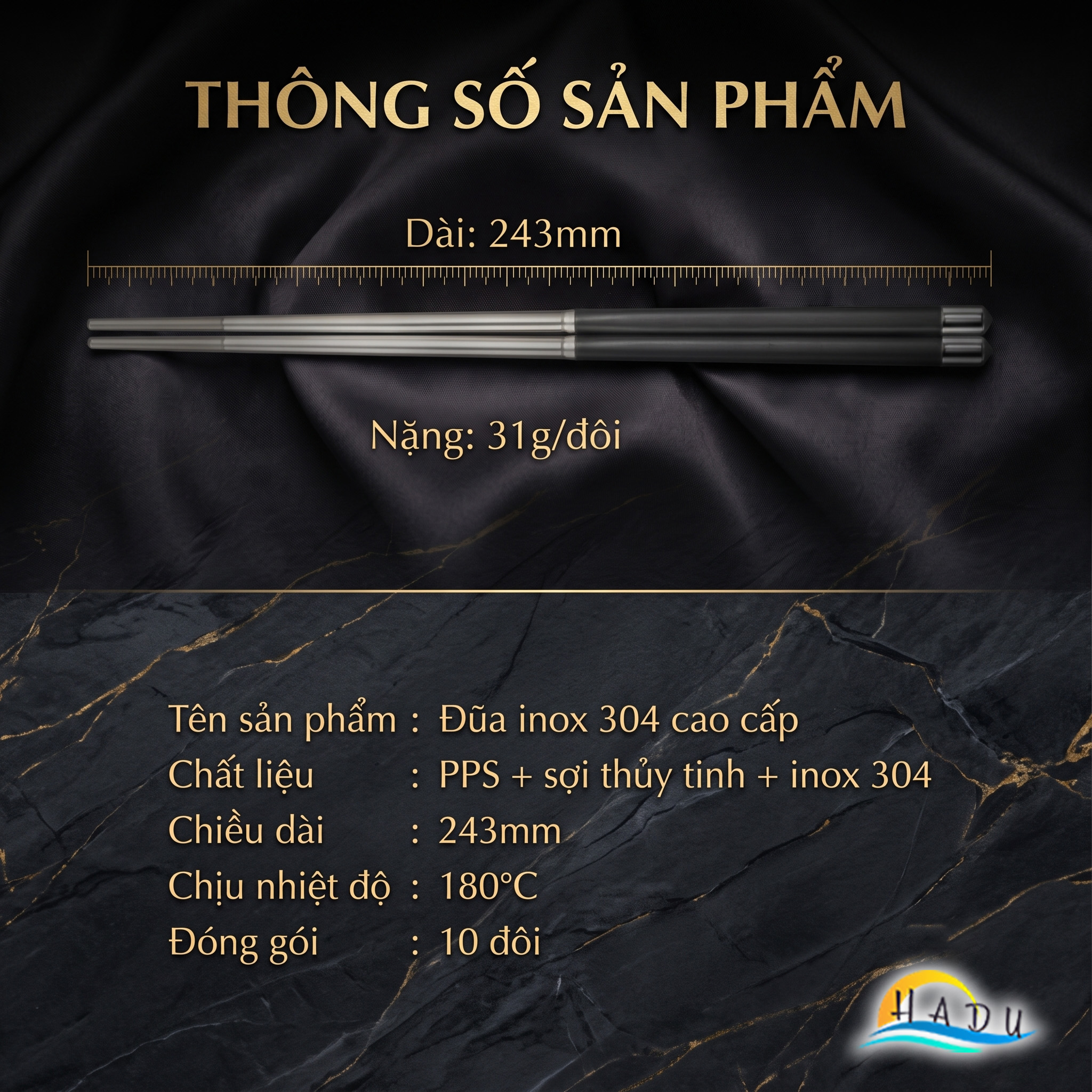 Bộ 10 Đôi Đũa Inox 304 Phối Sợi Thủy Tinh HADU, Kháng Khuẩn, Chống Trượt, Kèm Hộp Sang Trọng