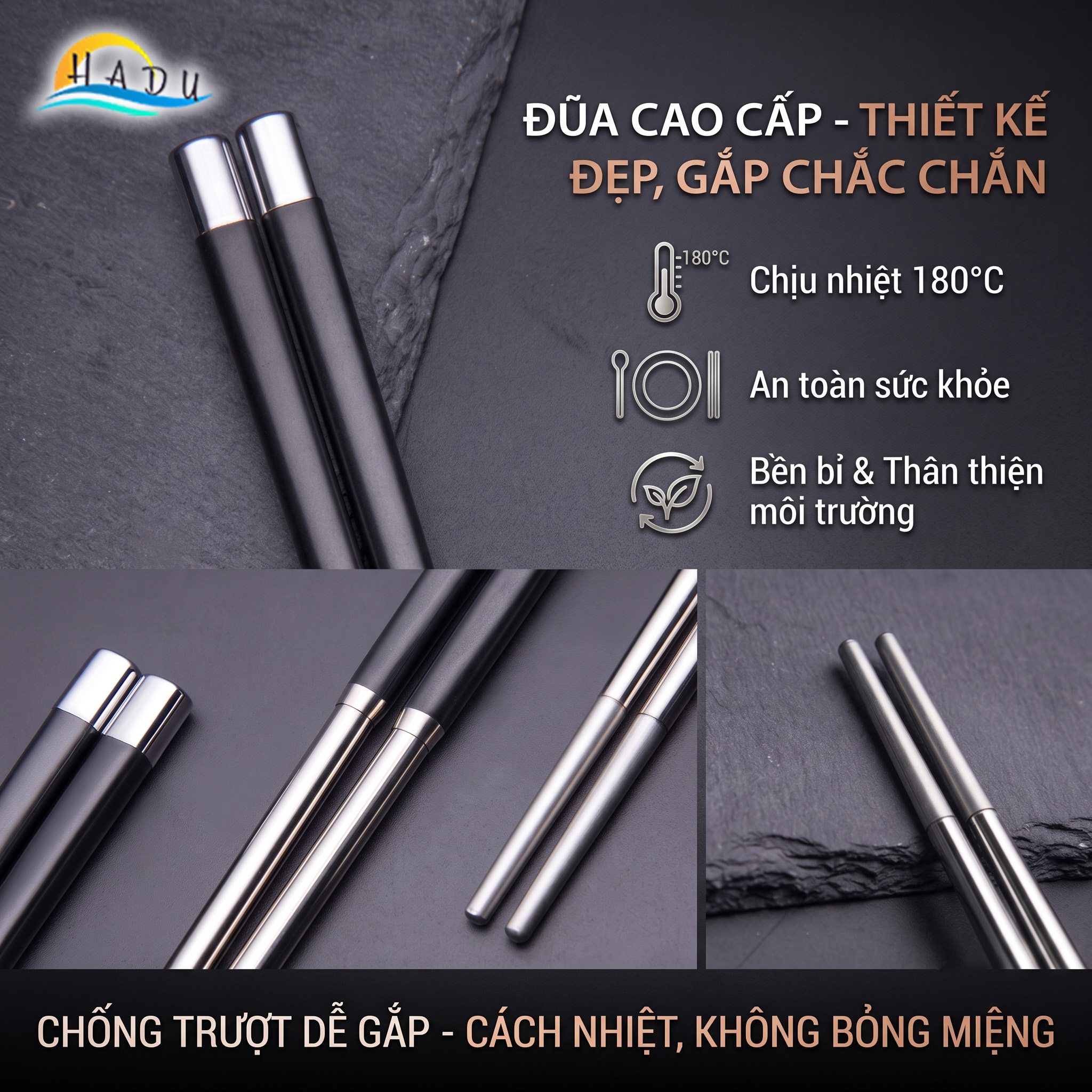 Bộ 10 Đôi Đũa Inox 304 Phối Sợi Thủy Tinh HADU, Kháng Khuẩn, Chống Trượt, Kèm Hộp Sang Trọng