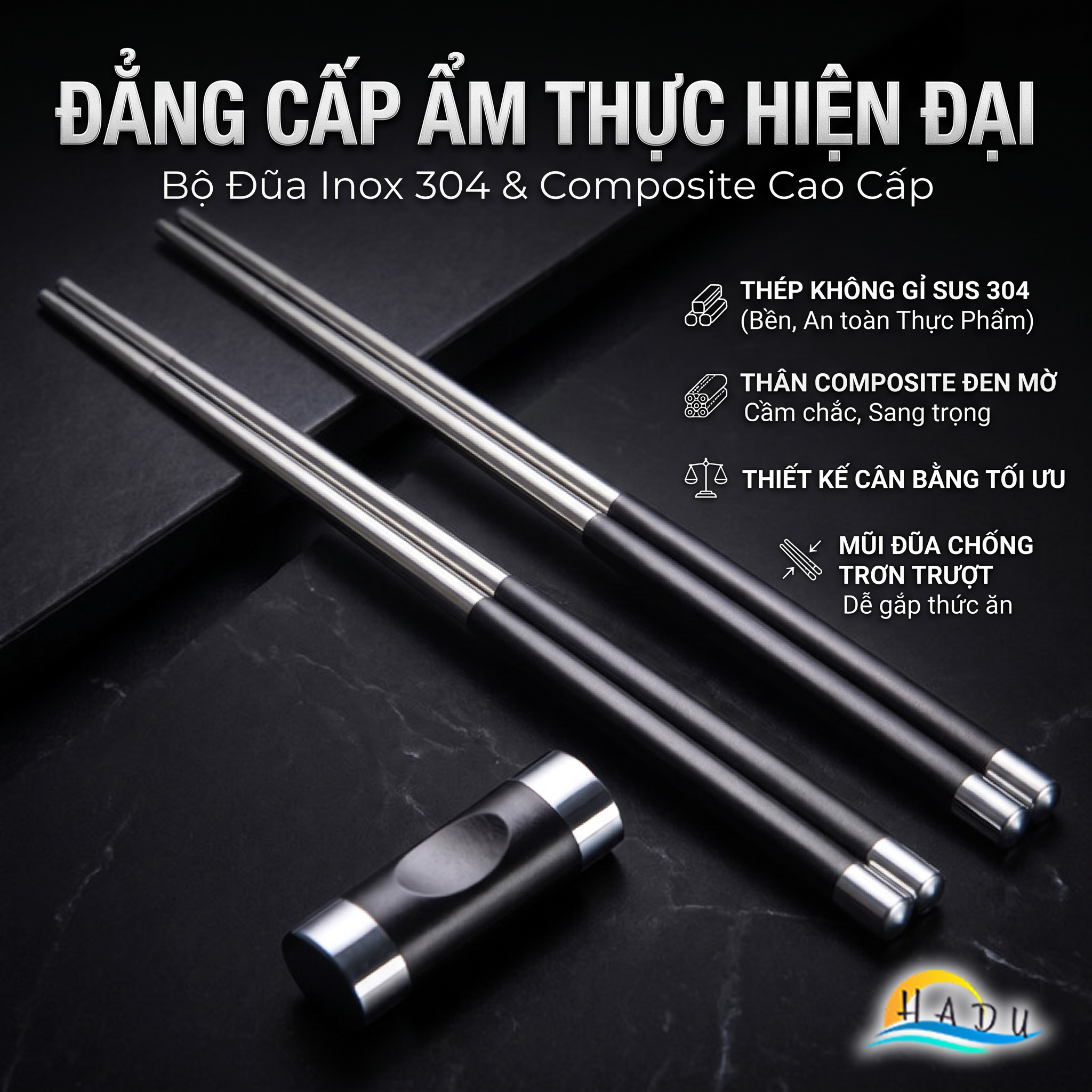 Bộ 10 Đôi Đũa Inox 304 Phối Sợi Thủy Tinh HADU, Kháng Khuẩn, Chống Trượt, Kèm Hộp Sang Trọng