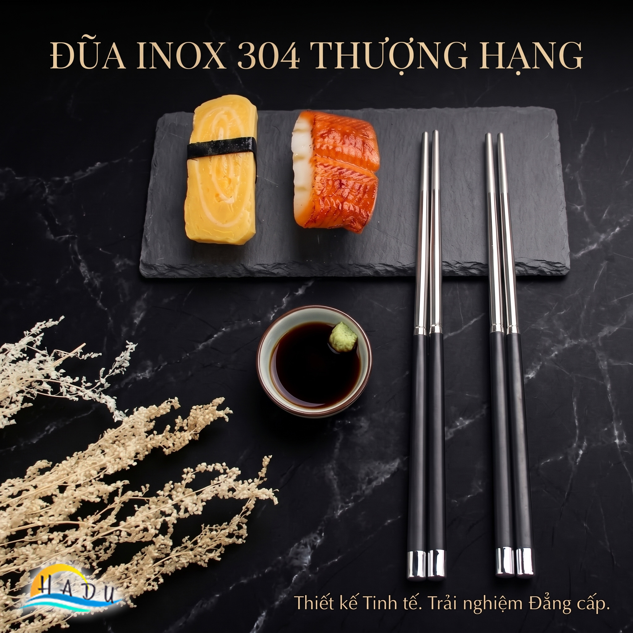 Bộ 10 Đôi Đũa Inox 304 Phối Sợi Thủy Tinh HADU, Kháng Khuẩn, Chống Trượt, Kèm Hộp Sang Trọng