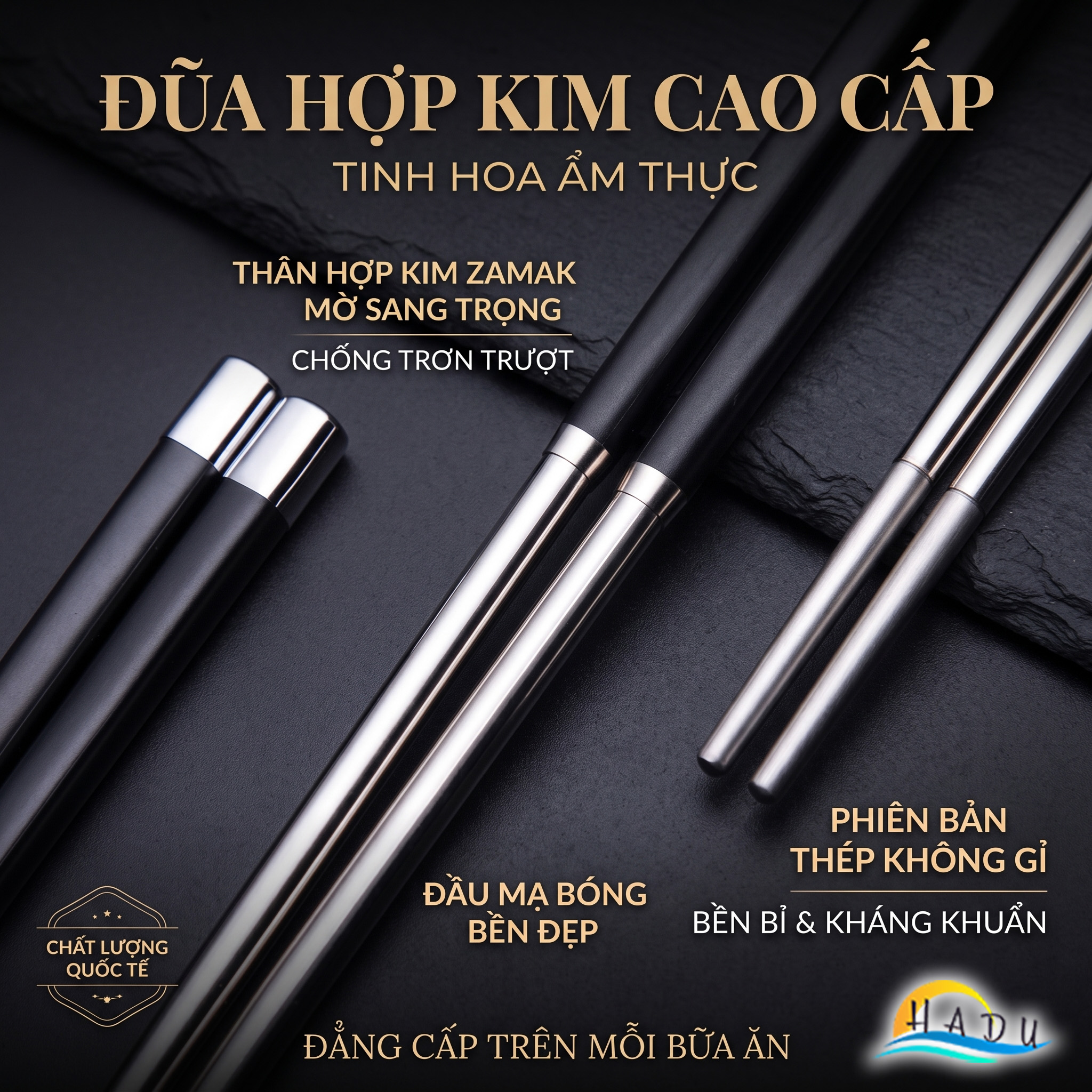 Bộ 10 Đôi Đũa Inox 304 Phối Sợi Thủy Tinh HADU, Kháng Khuẩn, Chống Trượt, Kèm Hộp Sang Trọng