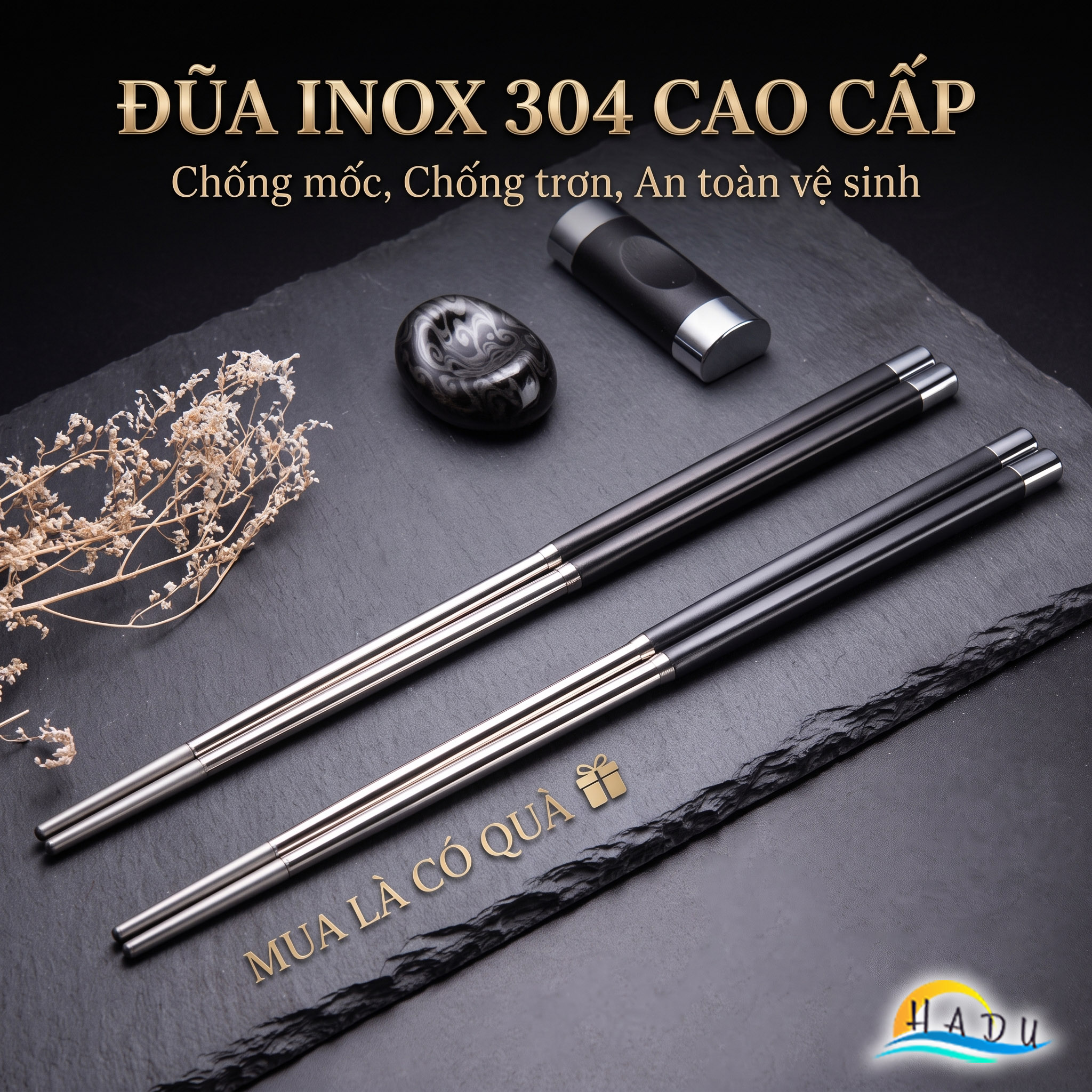 Bộ 10 Đôi Đũa Inox 304 Phối Sợi Thủy Tinh HADU, Kháng Khuẩn, Chống Trượt, Kèm Hộp Sang Trọng