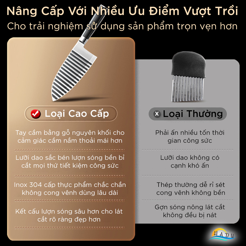 Dao Lượn Sóng Inox 304 Cao Cấp – Lưỡi Sắc Bén, Tay Cầm Gỗ, Cắt Rau Củ Trái Cây Đẹp Mắt, Đạt Chuẩn LFGB Đức SSGP