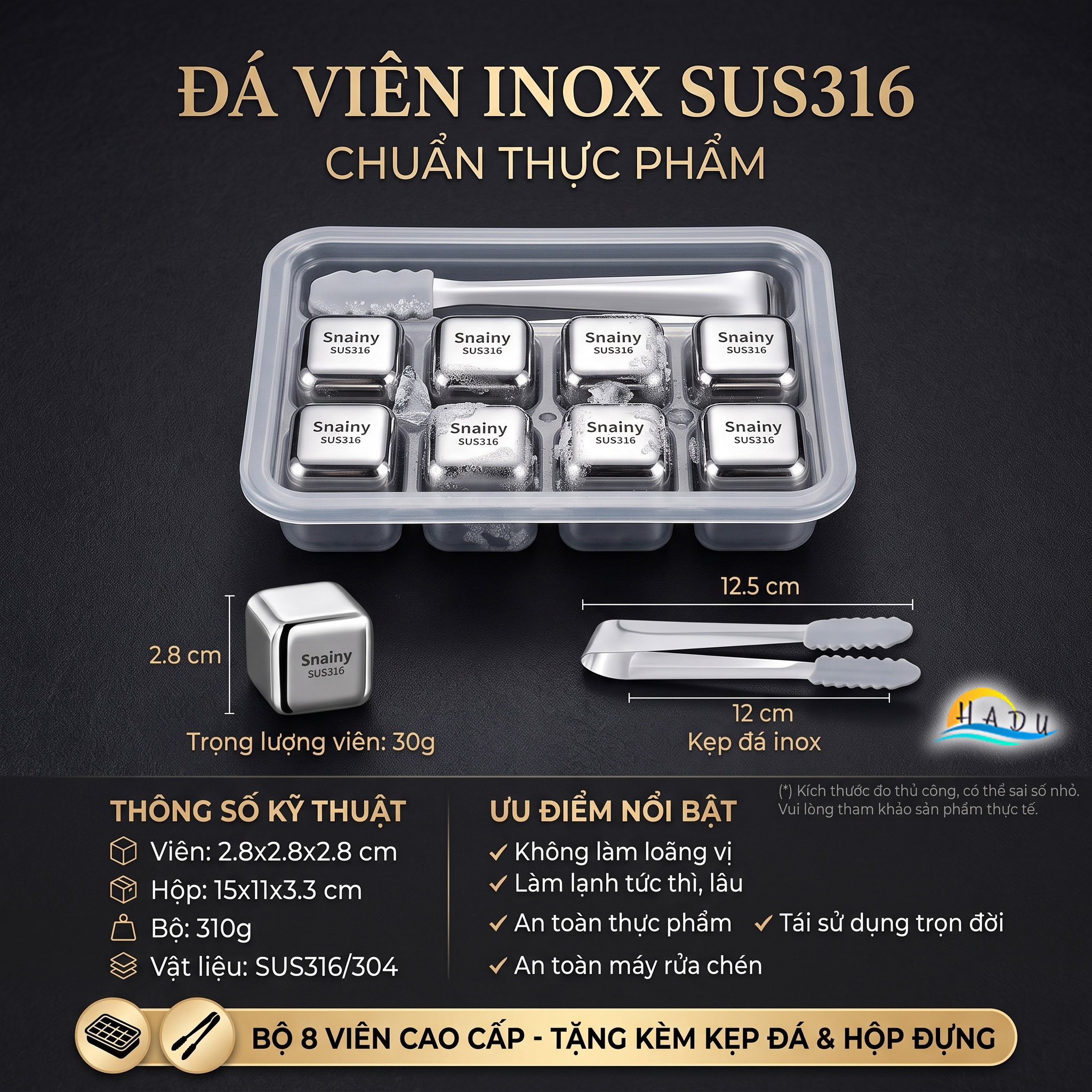 Đá Lạnh Vĩnh Cửu Inox 316 Cao Cấp Kháng Khuẩn Không Tan Làm Loãng Vị Đồ Uống Snainy