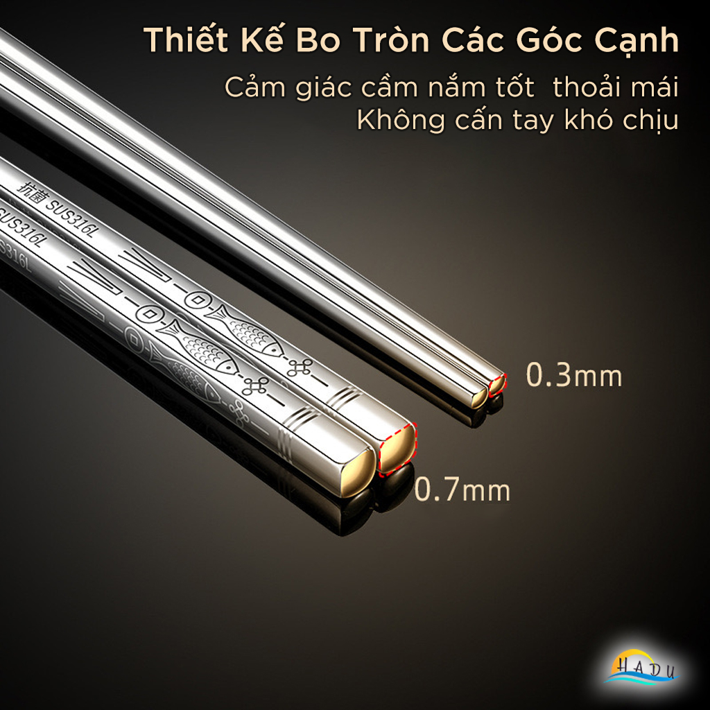 Bộ 10 Đôi Đũa Inox 316L SSGP, Kháng Khuẩn, Cách Nhiệt, Chống Trượt, Dài 23cm, Đạt Chất Lượng LFGB Đức