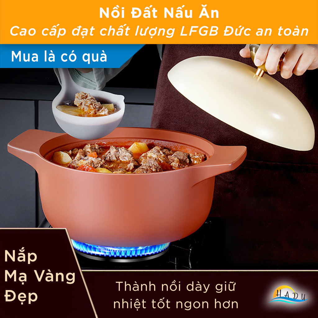 Nồi Đất Dùng Cho Bếp Từ SSGP 22cm, Thân Dày 11mm, Nắp Mạ Vàng, Đạt Chất Lượng LFGB Đức