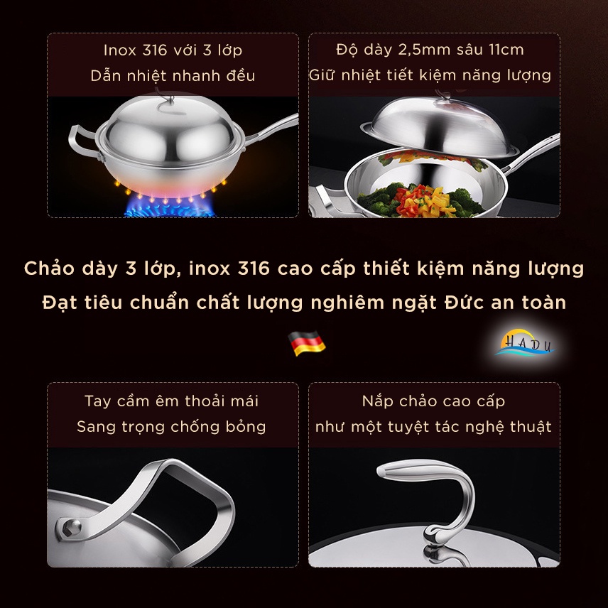 Chảo inox bếp từ sâu lòng có nắp 32 cm inox 316 cao cấp ba lớp giữ nhiệt tốt dẫn nhiệt nhanh đều tiết kiệm khí đốt SSGP