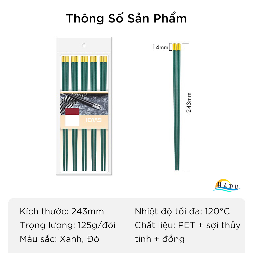 Bộ 5 Đôi Đũa Sợi Thủy Tinh HADU Kháng Khuẩn, Chịu Nhiệt, Chống Trượt, 24.3cm