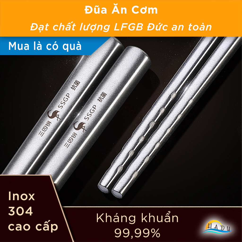 [Hộp 5 Đôi] Đũa Inox 304 Chống Trượt Cao Cấp Kiểu Hàn Quốc Đạt Chất Lượng Đức SSGP
