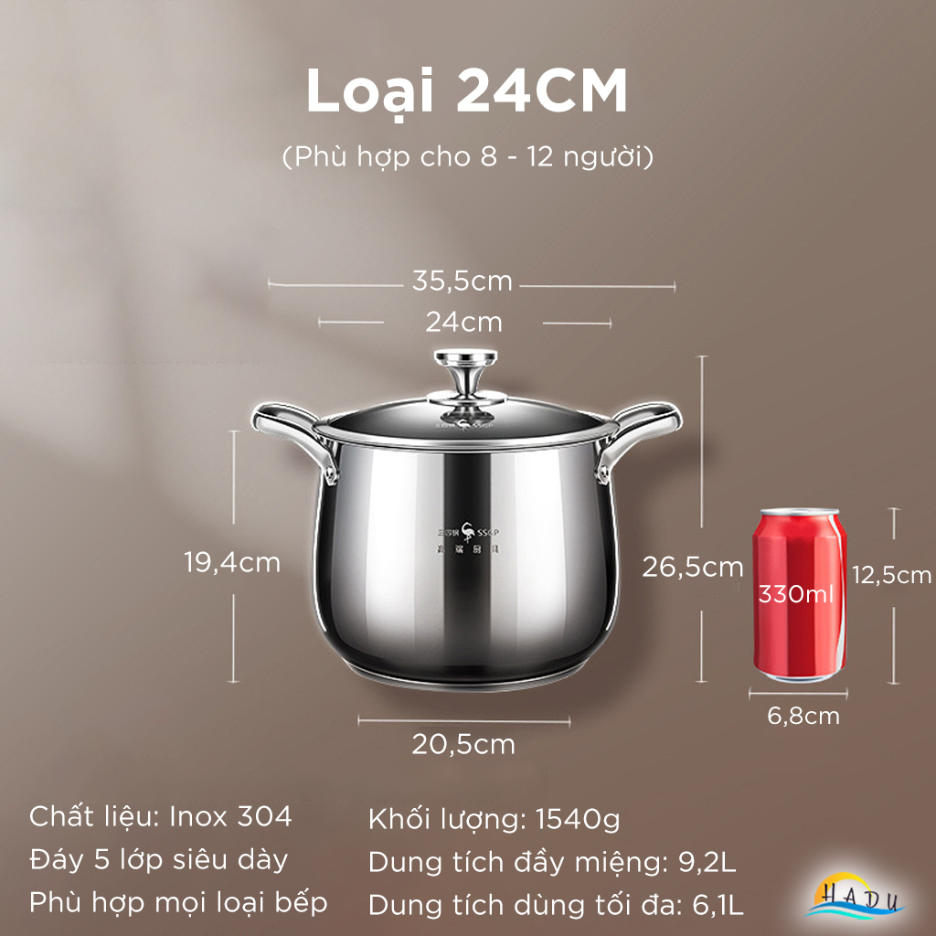 Nồi Luộc Gà Inox 304 Thành Cao SSGP 24cm 26cm, Đáy 5 Lớp, Dùng Bếp Từ, Đạt Chất Lượng LFGB Đức