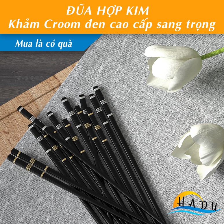 Bộ 10 Đôi Đũa Hợp Kim Kiểu Nhật HADU, Kháng Khuẩn, Chống Trơn, Dài 27cm, Màu Đen Vàng Bạc