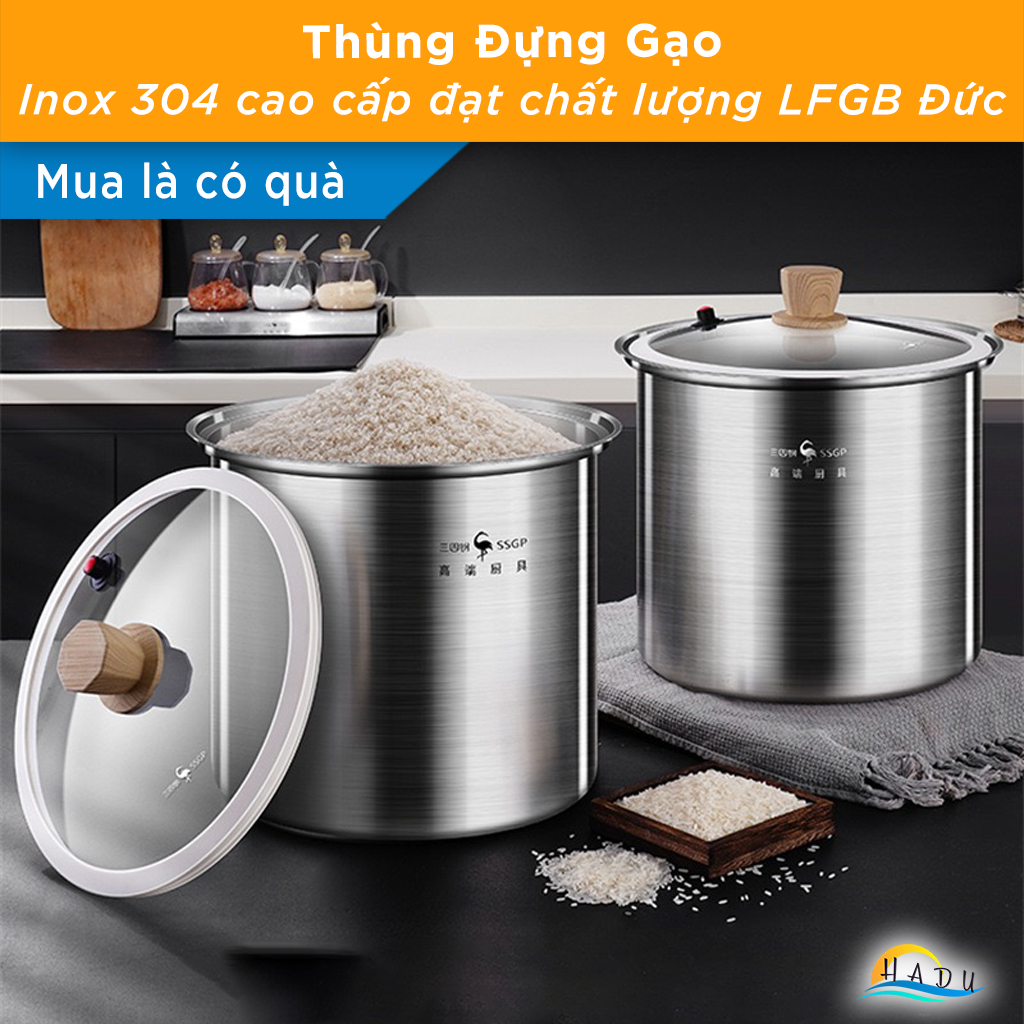 Thùng Đựng Gạo Hút Chân Không SSGP 15KG, Inox 304, Nắp Kính, Đạt Chất Lượng LFGB Đức