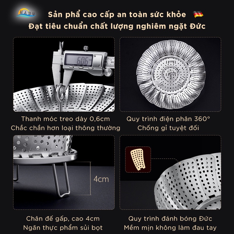 Xửng Hấp Gấp Gọn Inox 304 SSGP, Điều Chỉnh Theo Kích Cỡ Nồi, Đạt Chất Lượng LFGB Đức