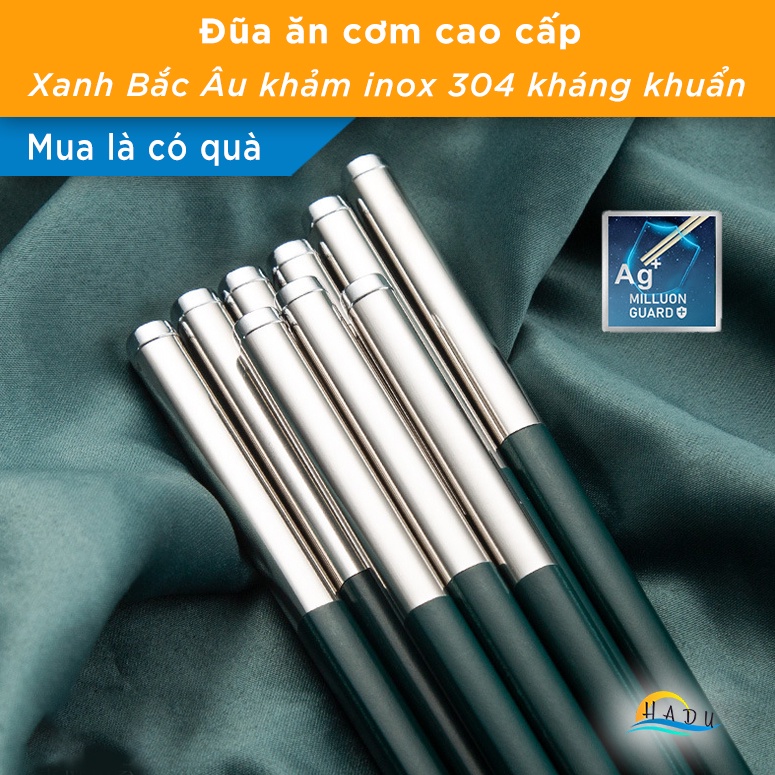 Bộ 10 Đôi Đũa Hợp Kim HADU Kiểu Bắc Âu, Chống Mốc, Chống Trơn, 27.3cm, Màu Xanh