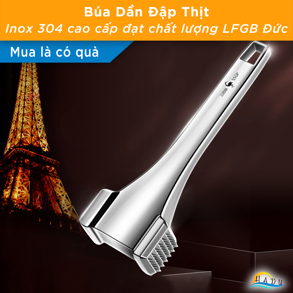 Búa Dập Thịt Inox 304 Cao Cấp – 36 Gai Nhọn, Đầu Rỗng Giảm Trọng Lượng, Móc Treo Tiện Lợi, Đạt Tiêu Chuẩn LFGB Đức SSGP