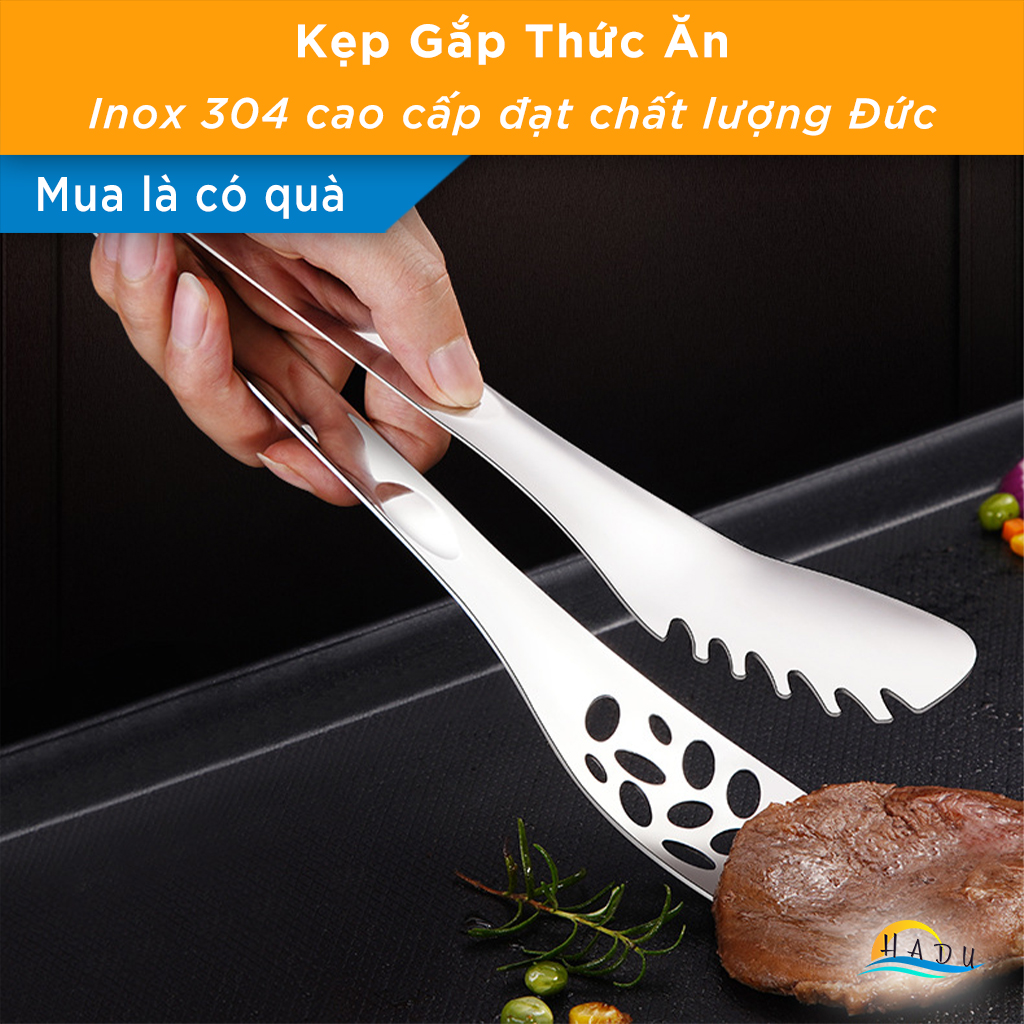 Kẹp Gắp Thức Ăn Inox 304 SSGP, Đầu Răng Cưa Chống Trượt, Có Lỗ Thoát Dầu, Dài 25cm, Đạt Chất Lượng LFGB Đức
